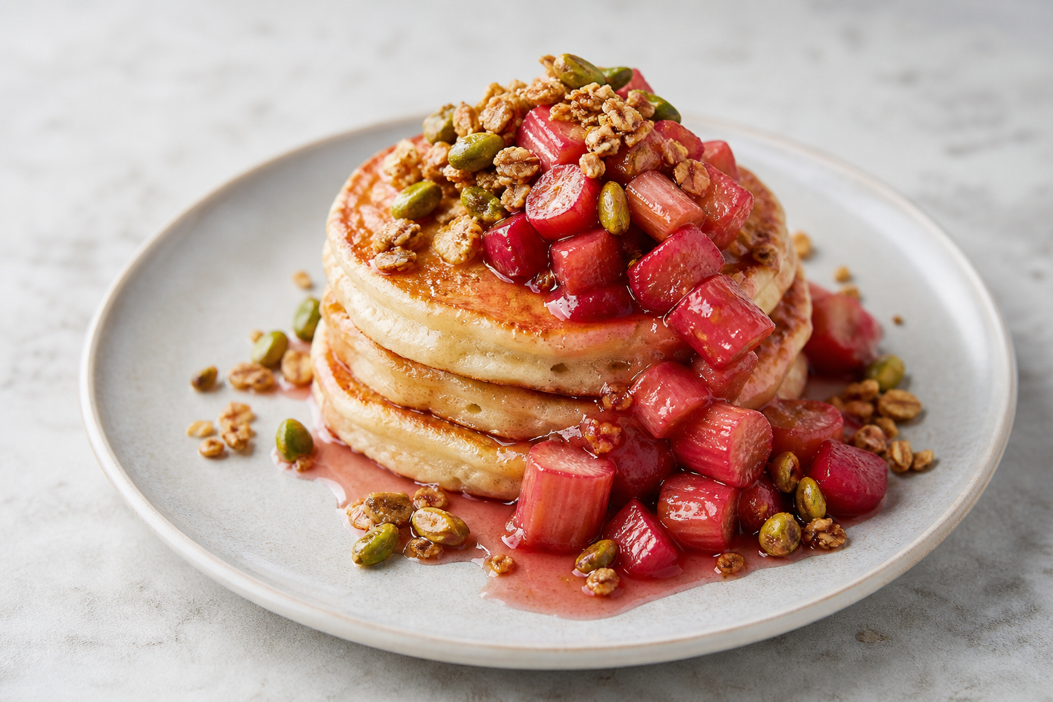 Tortitas de ricotta y limón con ruibarbo rosado a la vainilla y granola tibia de pistacho