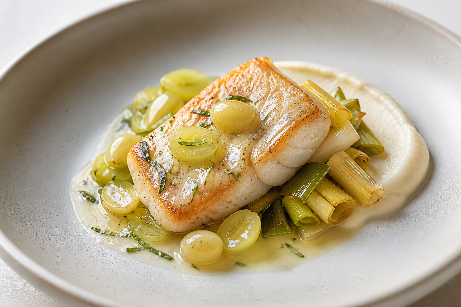 Seared Sea Bass with White Grape Tarragon Sauce, Roasted Cauliflower Purée and Sautéed Leeks