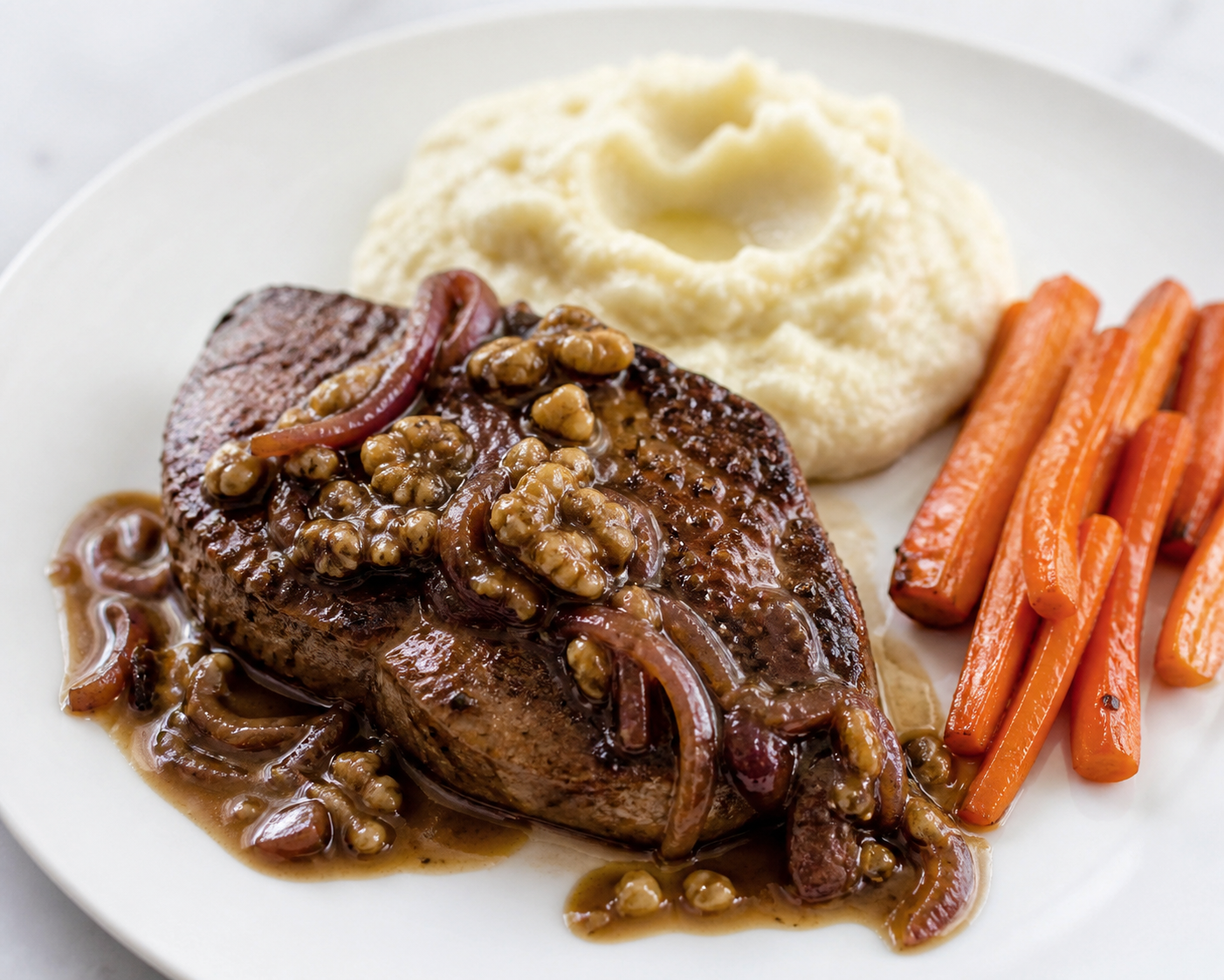 Filete de Res con Salsa de Cebolla Morada, Café y Nuez, acompañado de Puré de Coliflor al Ajo y Zanahorias Glaseadas