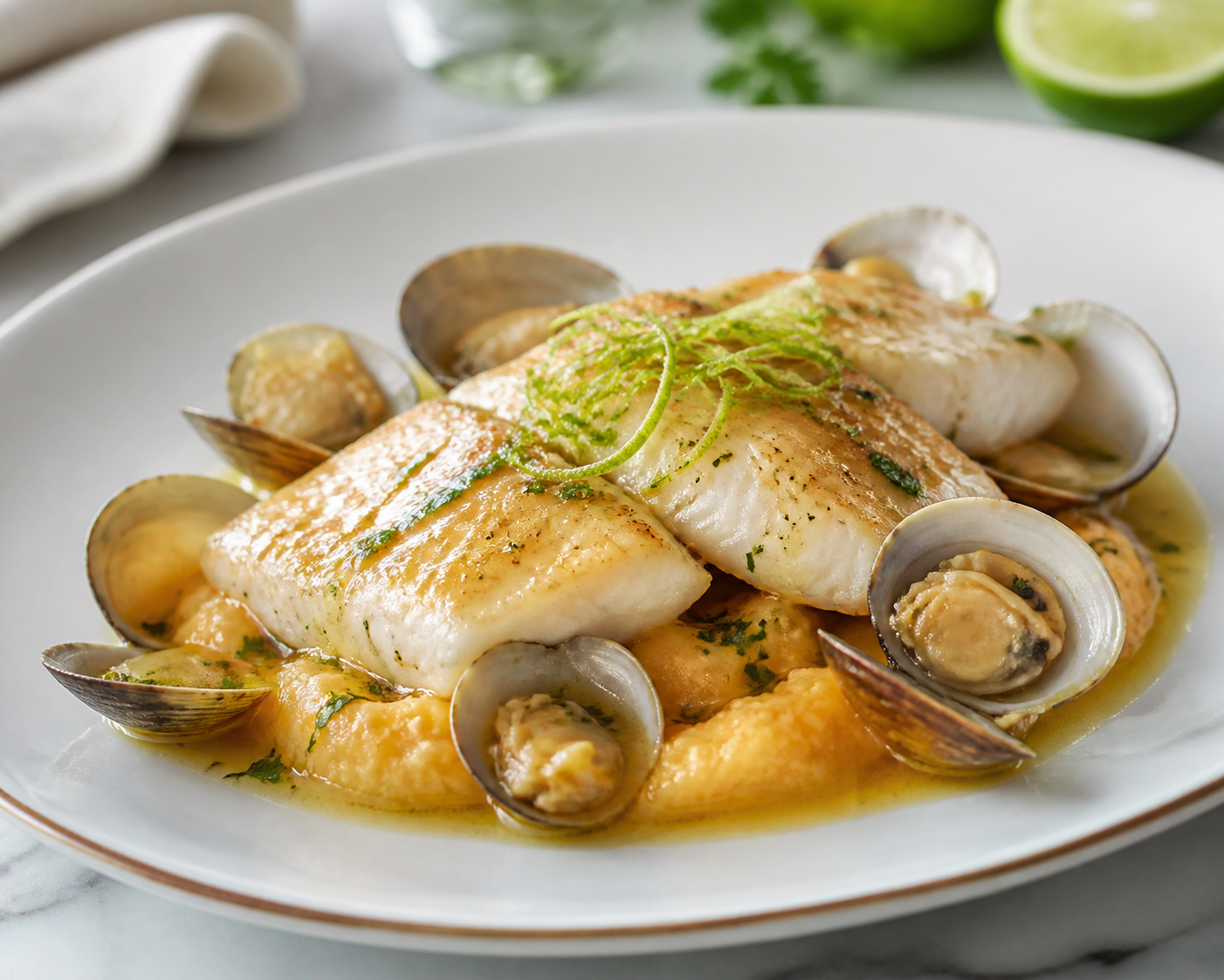 Sea Bass Glazed with Lime-Honey Butter, White Wine Clams and Rustic Rutabaga Mash