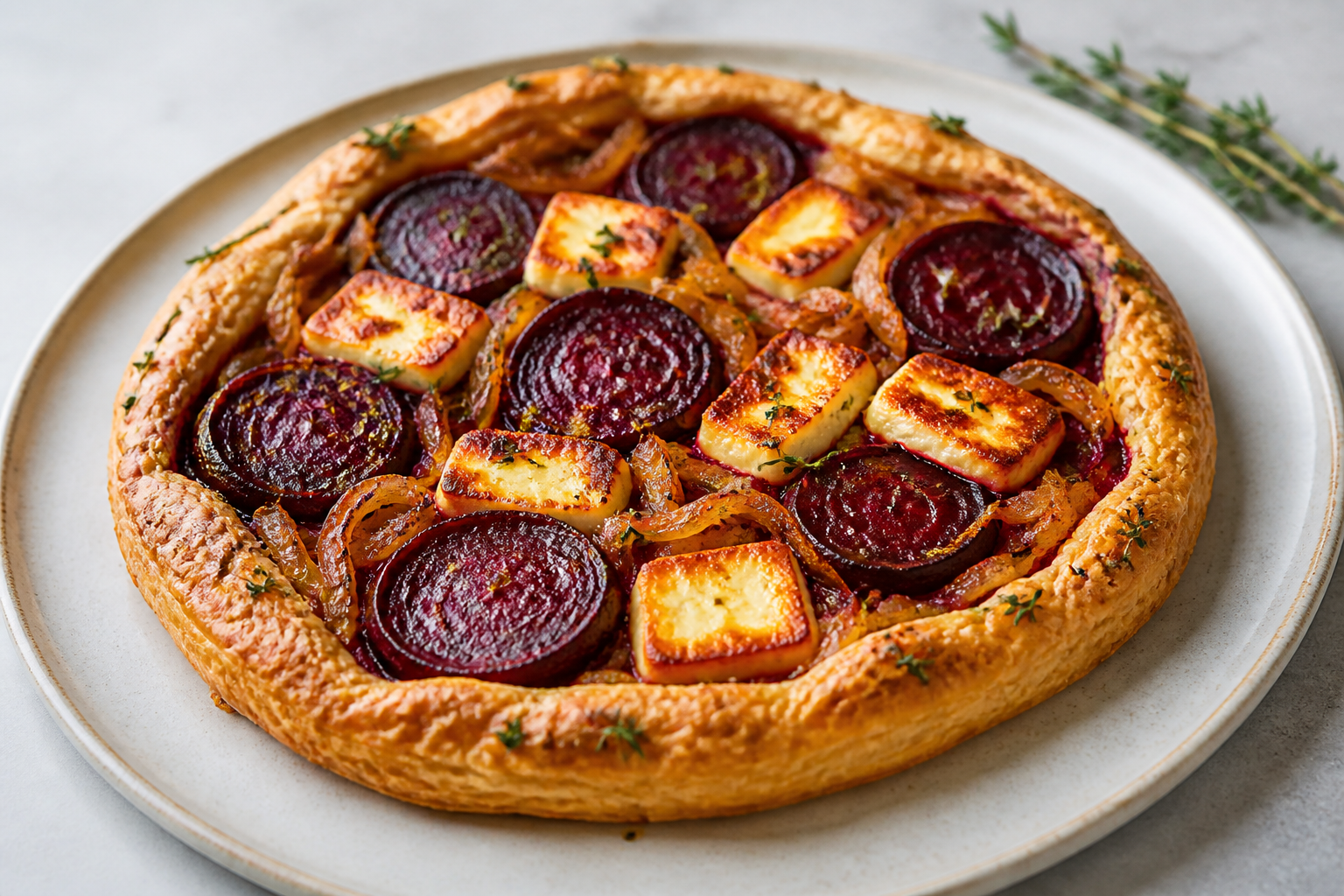 Pastel invertido de remolacha asada, cebolla caramelizada y halloumi con costra de tomillo