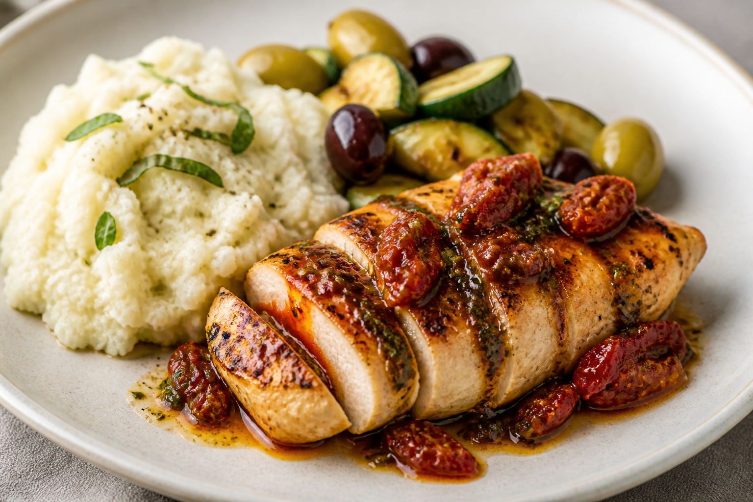Sun-Dried Tomato Basil Glazed Chicken with Rustic Cauliflower Mash and Warm Olives