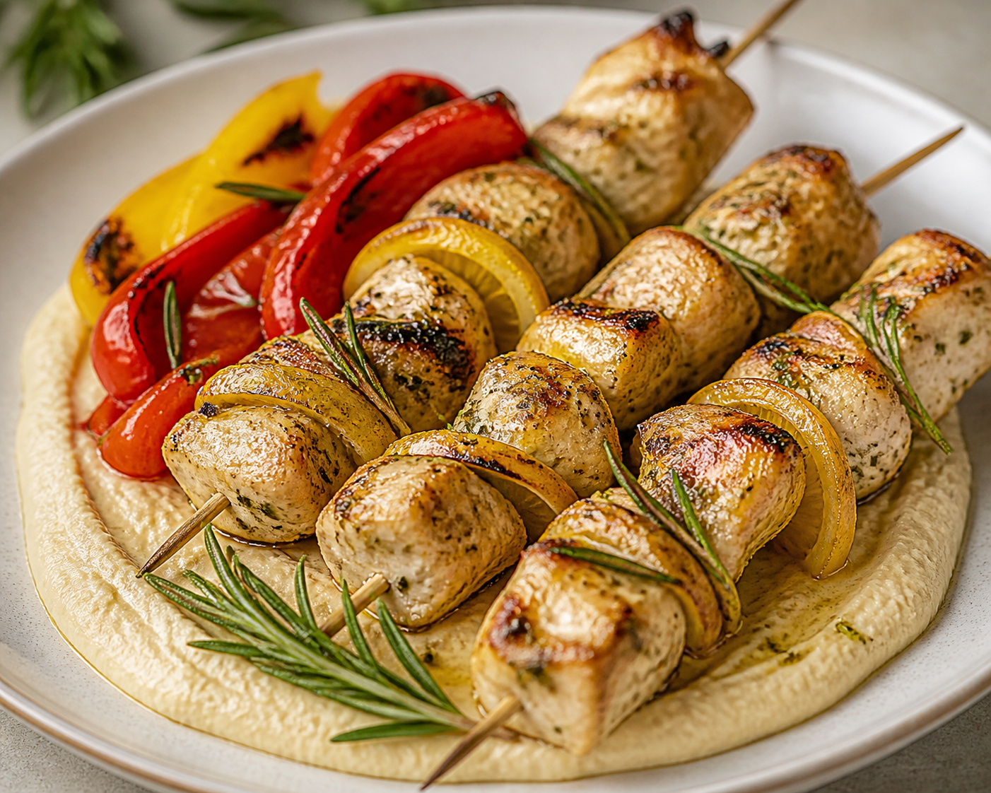 Brochetas de Pollo al Limón y Romero con Crema Tibia de Garbanzos y Pimientos Asados