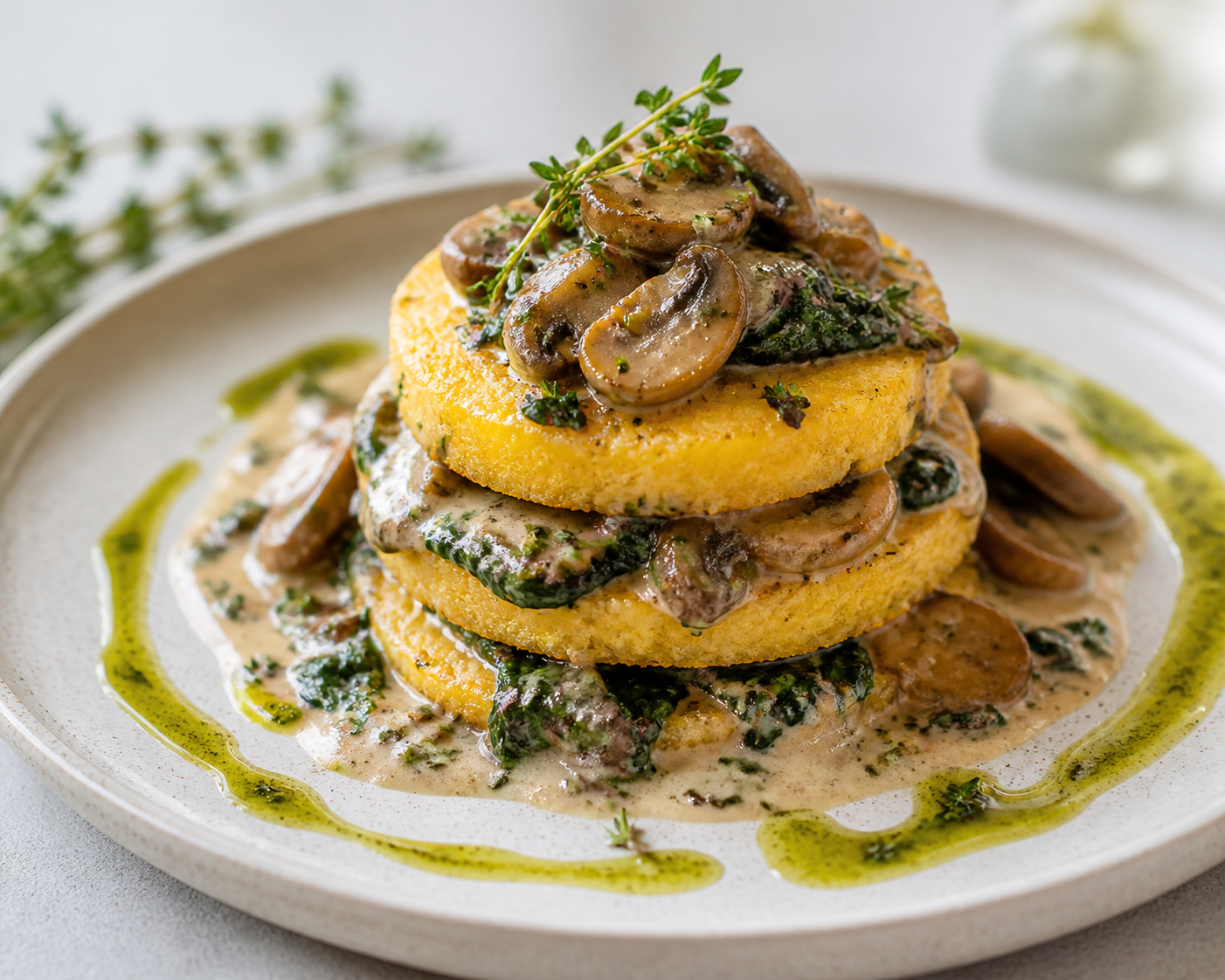 Torrecitas de polenta dorada con ragú cremoso de setas, espinaca y aceite de tomillo