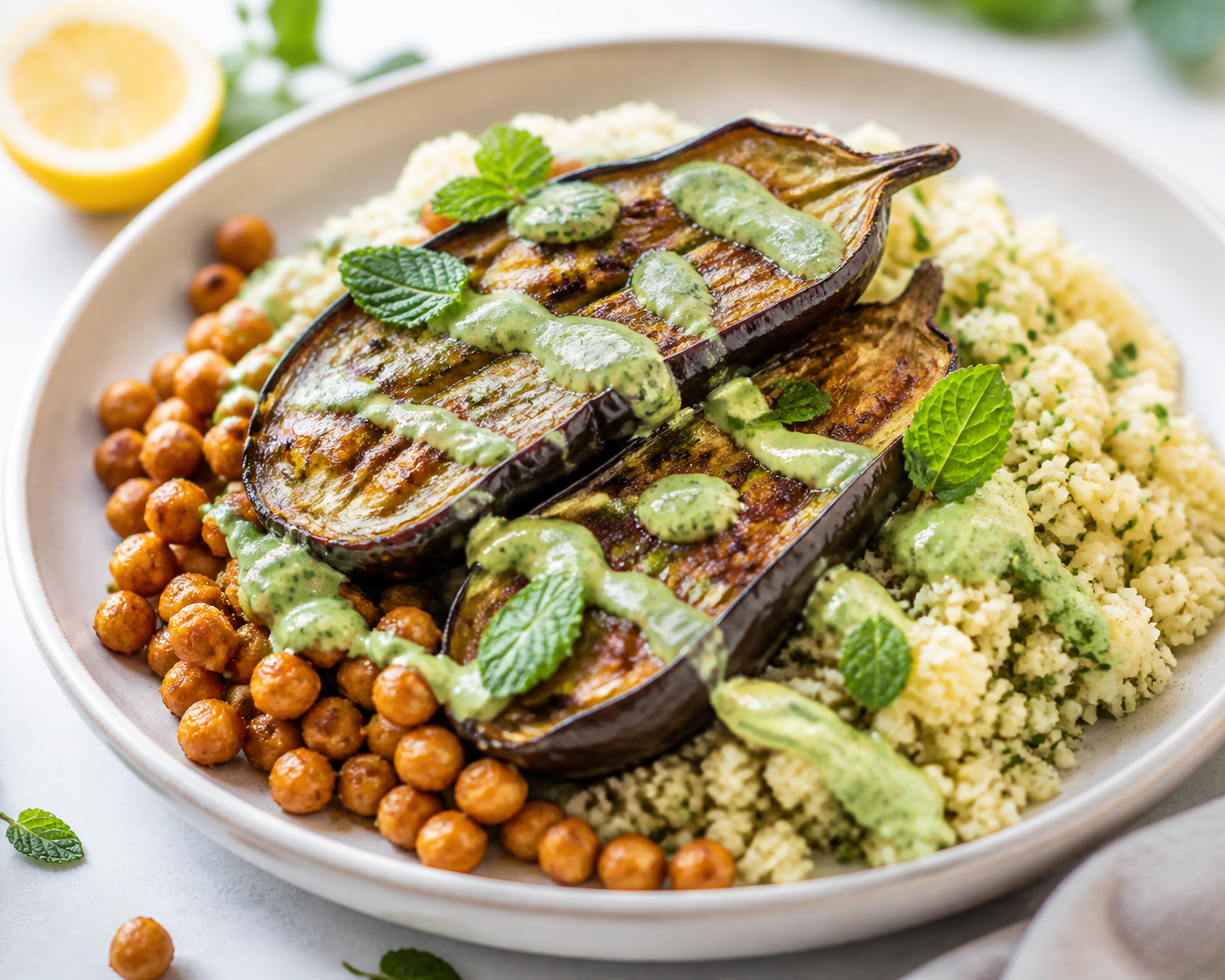 Berenjena asada con cuscús de coliflor al limón, garbanzos crujientes y salsa verde de tahini y menta