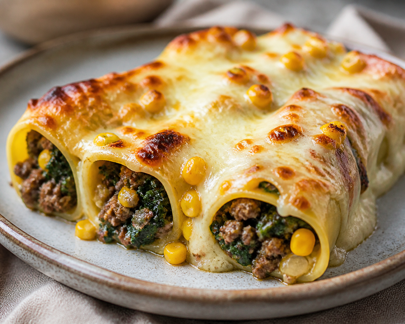 Family-Style Rustic Cannelloni Bake with Tender Beef, Swiss Chard and Creamy Corn Gratin