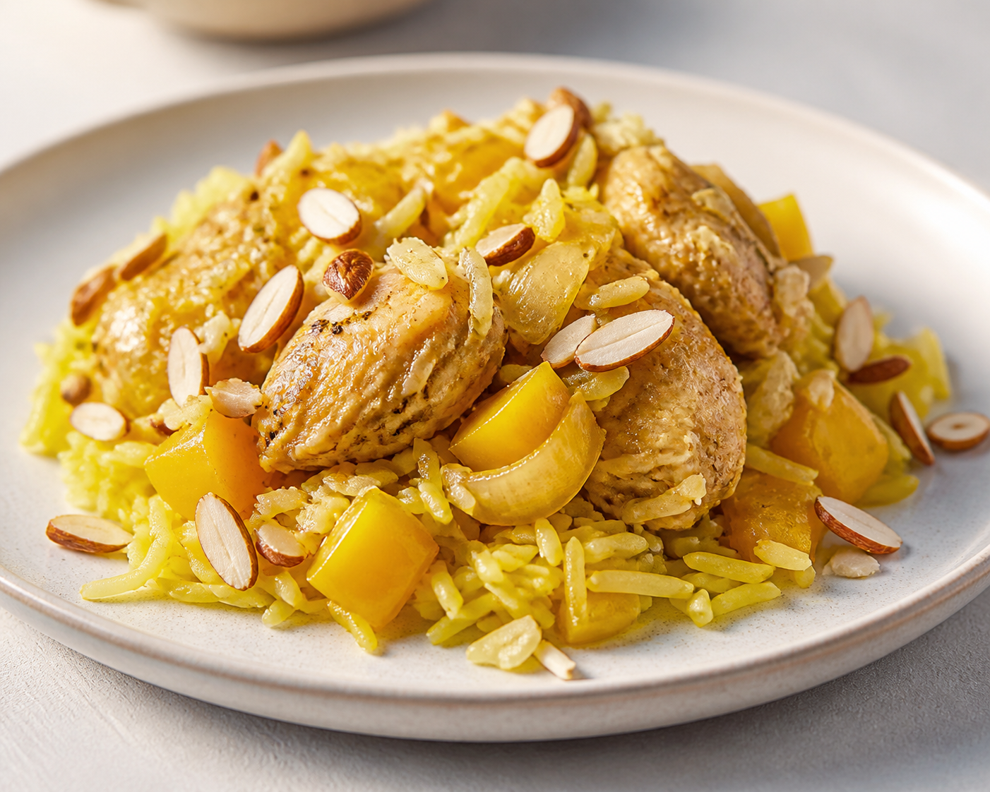 Instant Pot Chicken with Yellow Peppers, Gentle Saffron Rice and Crunchy Almonds