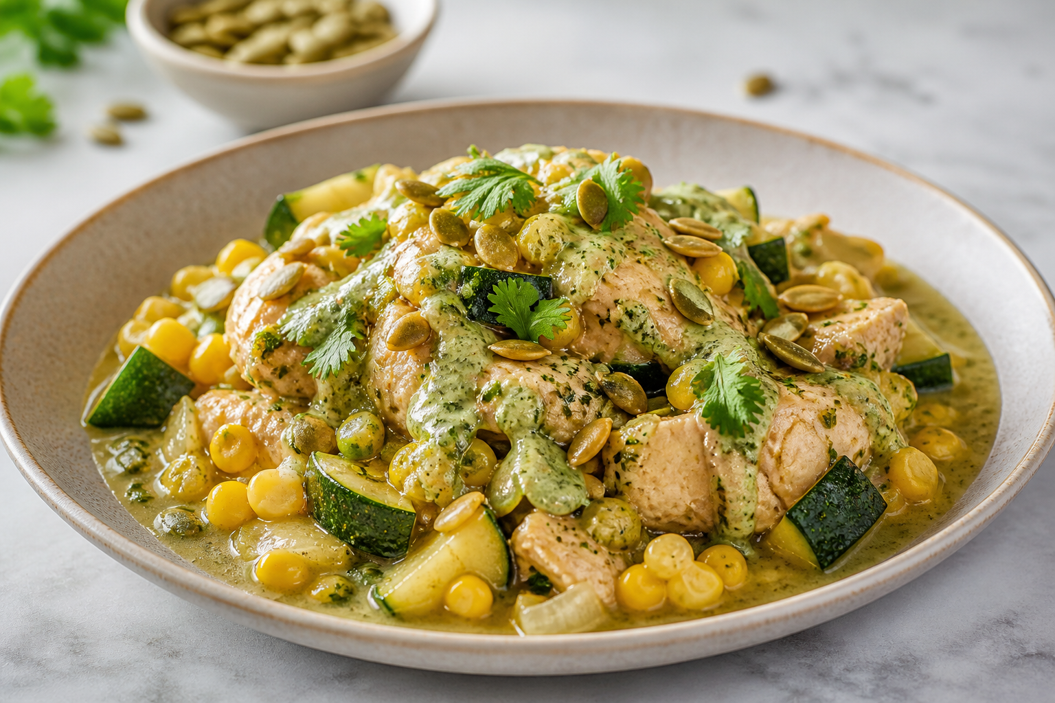 Slow Cooker Chicken with Zucchini, Corn, and Mild Lime-Cilantro Pumpkin Seed Sauce