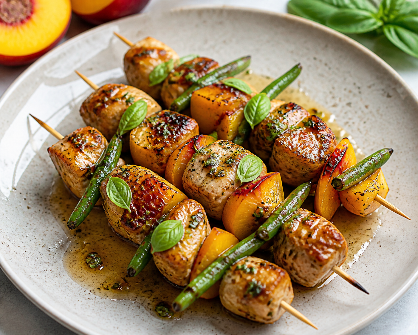 Grilled chicken skewers with peach, green beans, and ancho chili, honey, and basil marinade