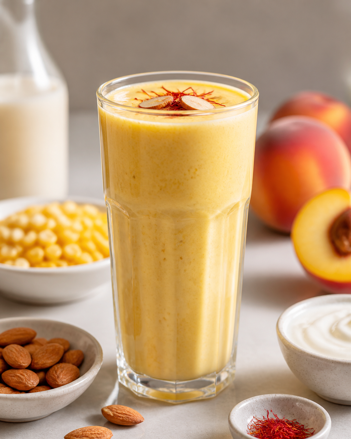 Golden Dew Smoothie with Peach, Sweet Corn, Yogurt, Saffron and Almond