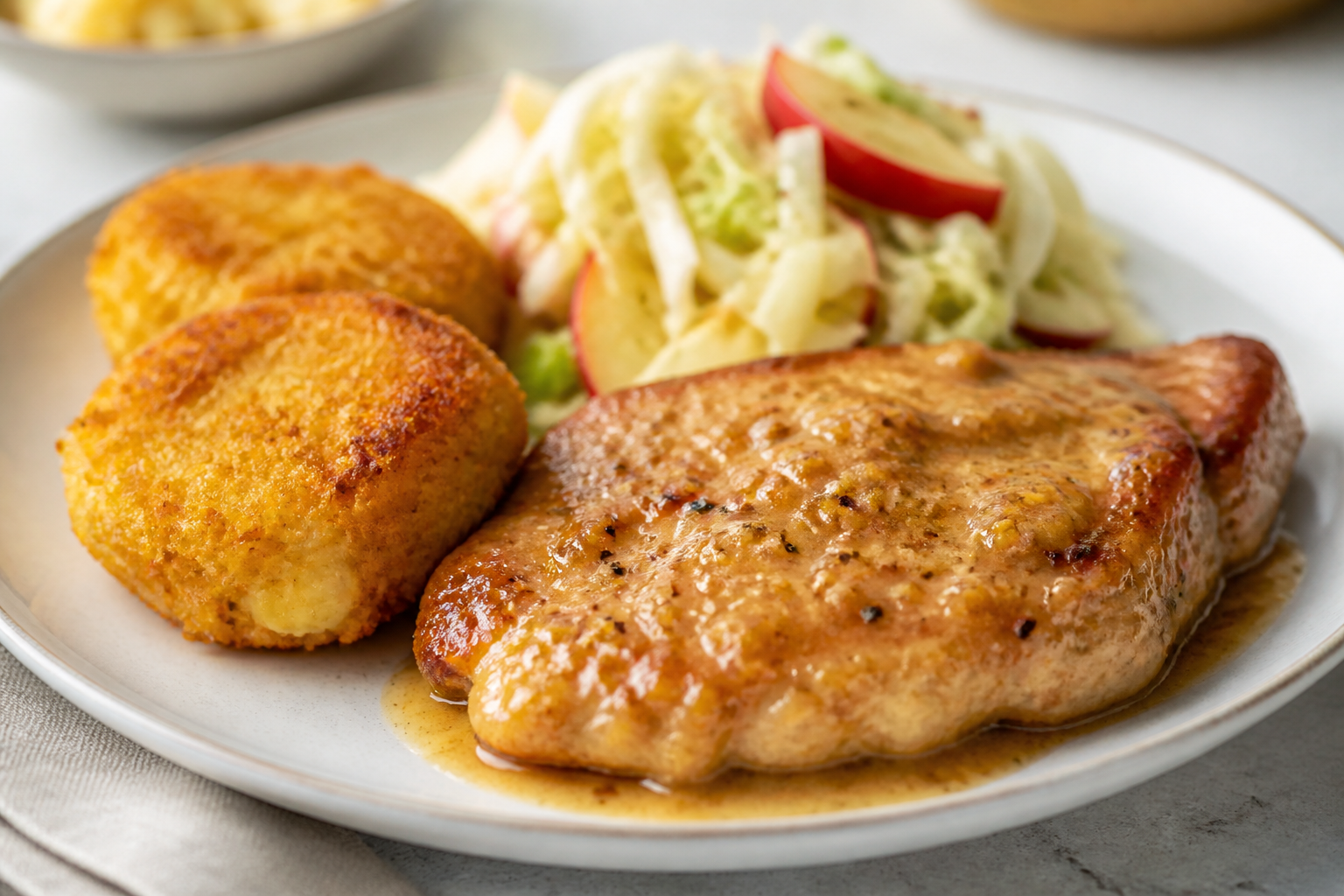 Pavo a la plancha con salsa de sidra y mostaza, croquetas de papa y cheddar, y ensalada tibia de repollo con manzana