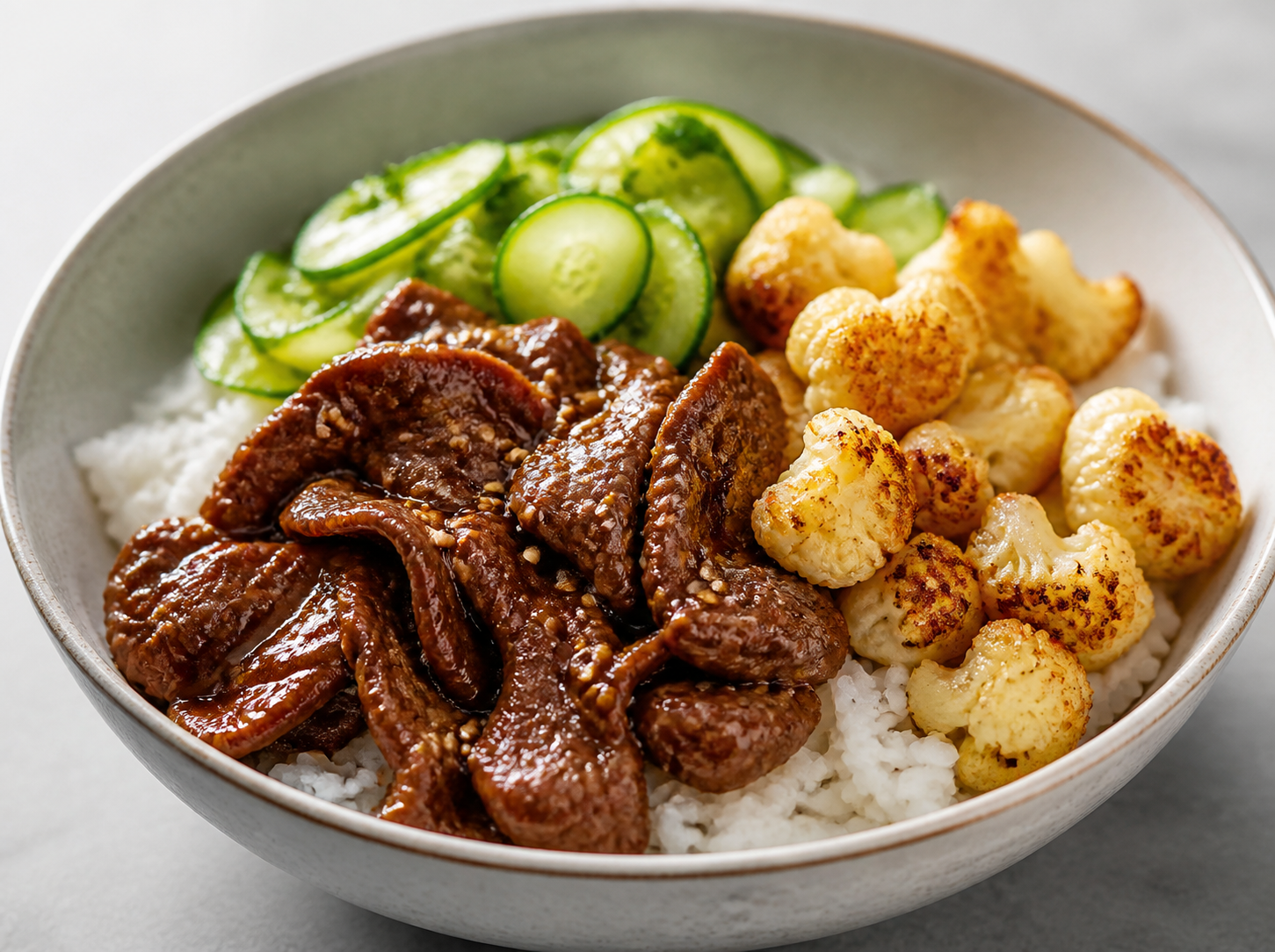 Asian jasmine rice bowl with soy-tahini glazed beef, wok-seared cauliflower and herbed cucumber salad