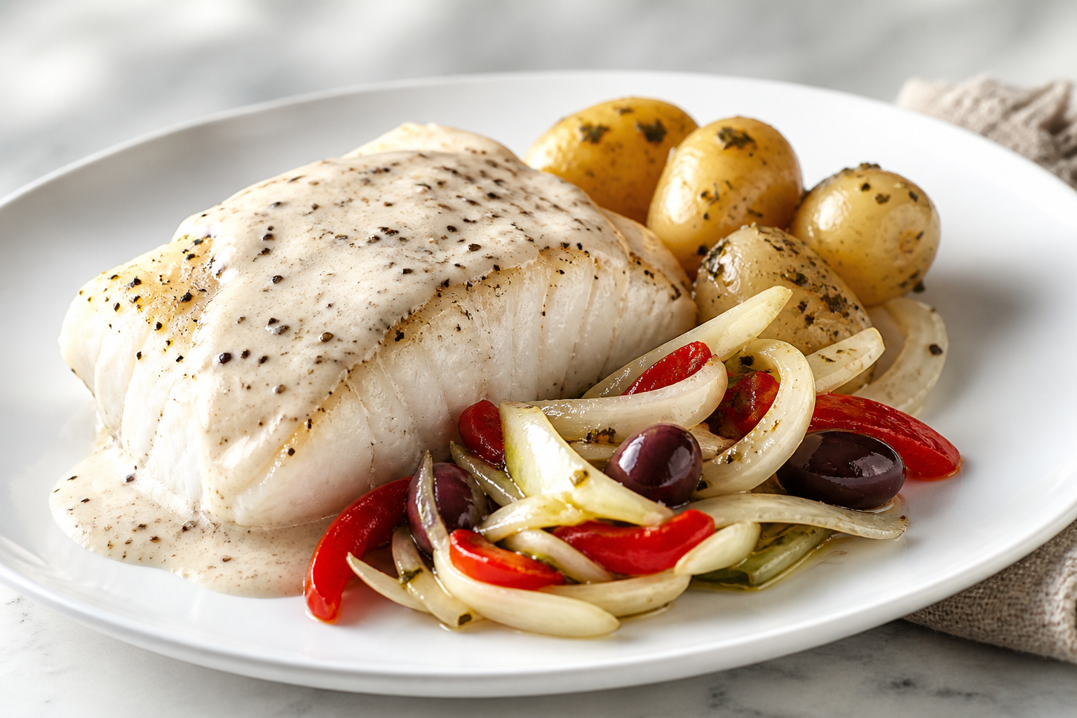Bacalao Mediterráneo sobre Crema de Pimiento Blanco, Patatas al Orégano y Ensalada Tibia de Hinojo y Aceitunas