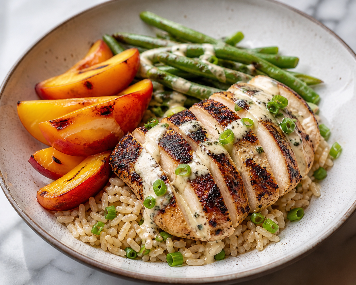 Bowl de pollo al durazno ahumado con arroz integral de cebollín, ejotes salteados y crema ligera de limón
