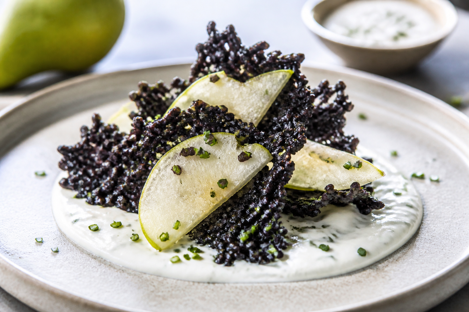 Crispy black rice, fennel and Gruyère tiles with yogurt, pear and chive cream