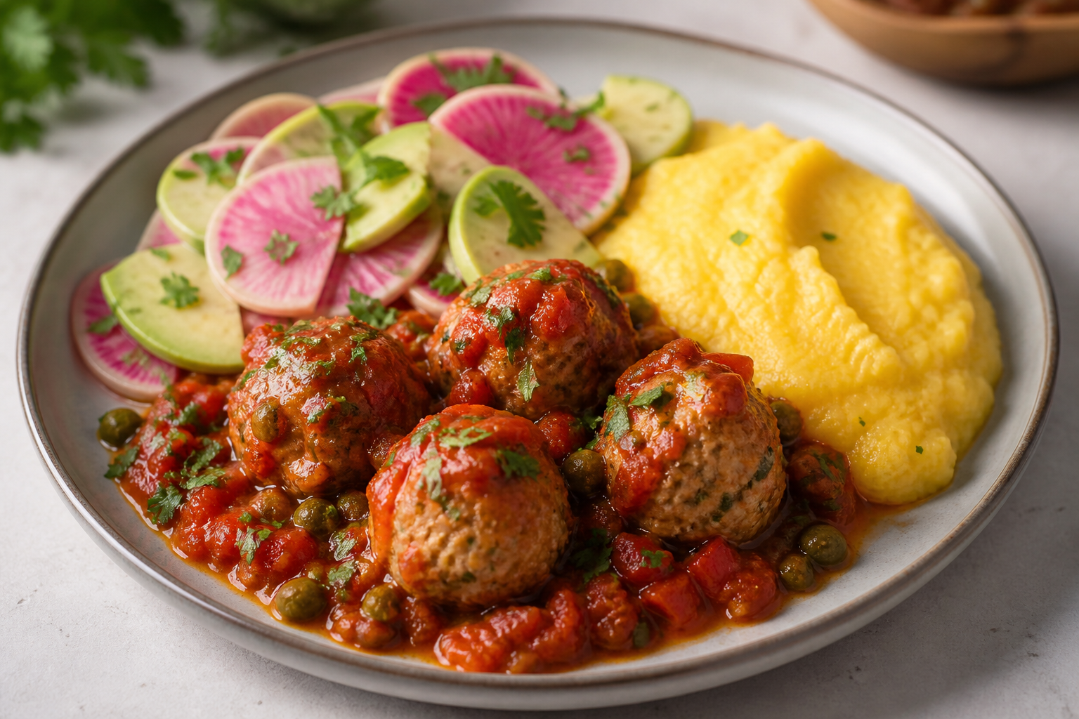 Turkey Meatballs in Roasted Tomato, Sweet Pepper and Capers Sauce with Soft Corn Polenta and Avocado Radish Salad