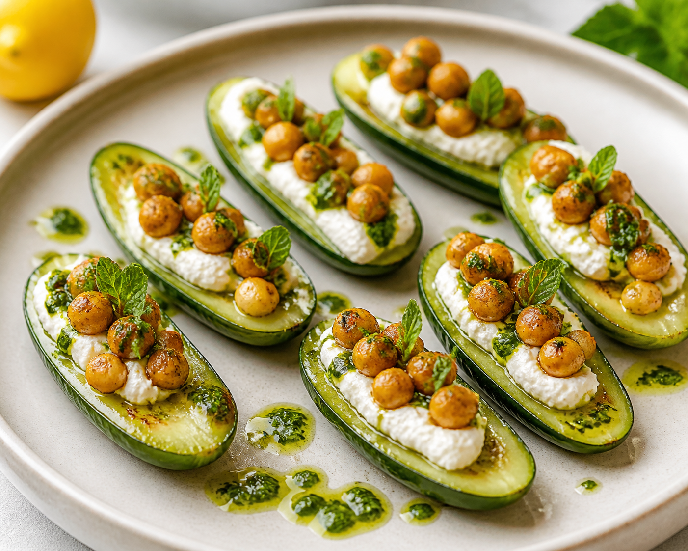 Roasted Cucumber Spoons with Lemon Ricotta, Crispy Cumin Chickpeas and Mint Oil
