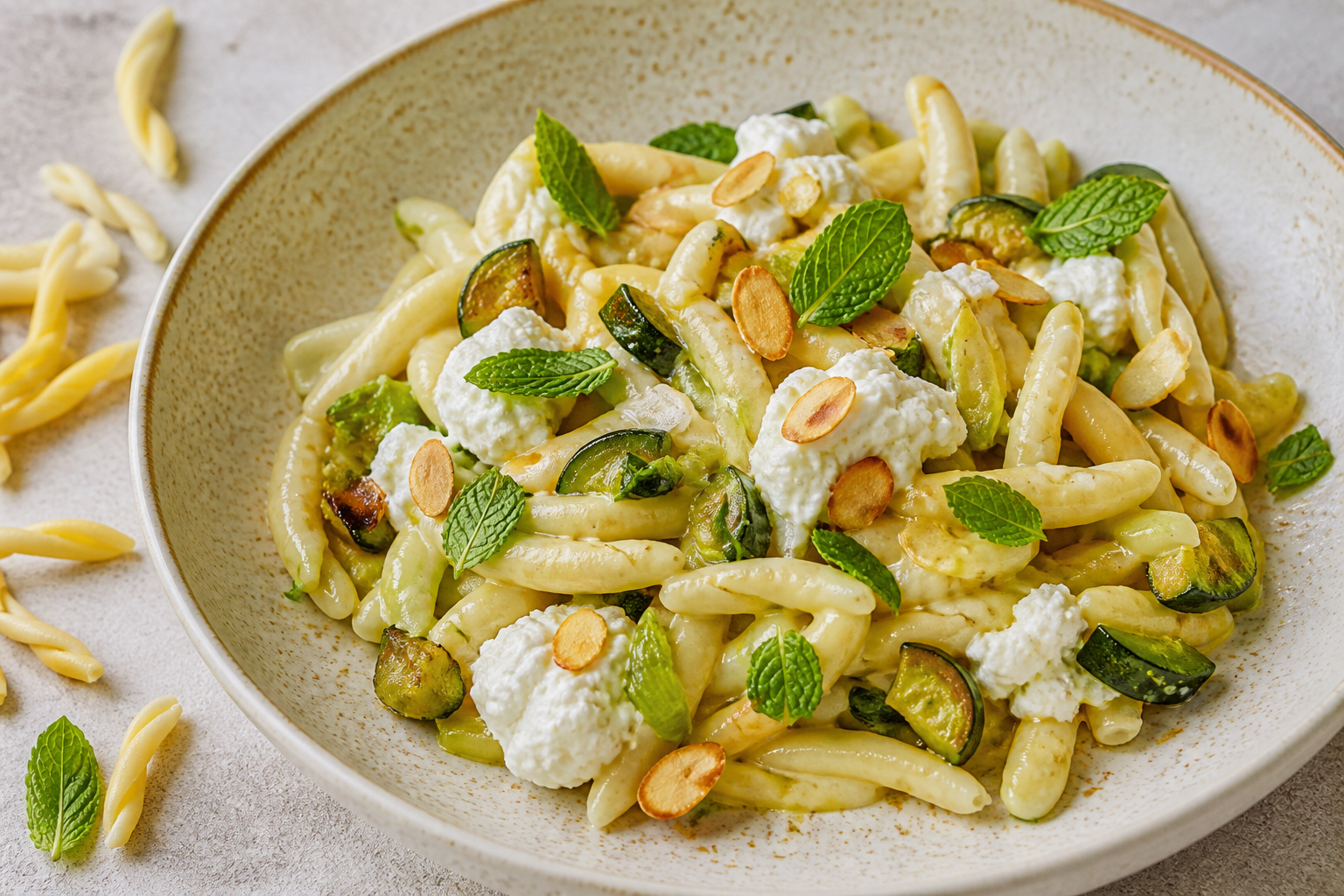 Creamy strozzapreti with braised leek, golden zucchini and lemon ricotta with toasted almonds and mint