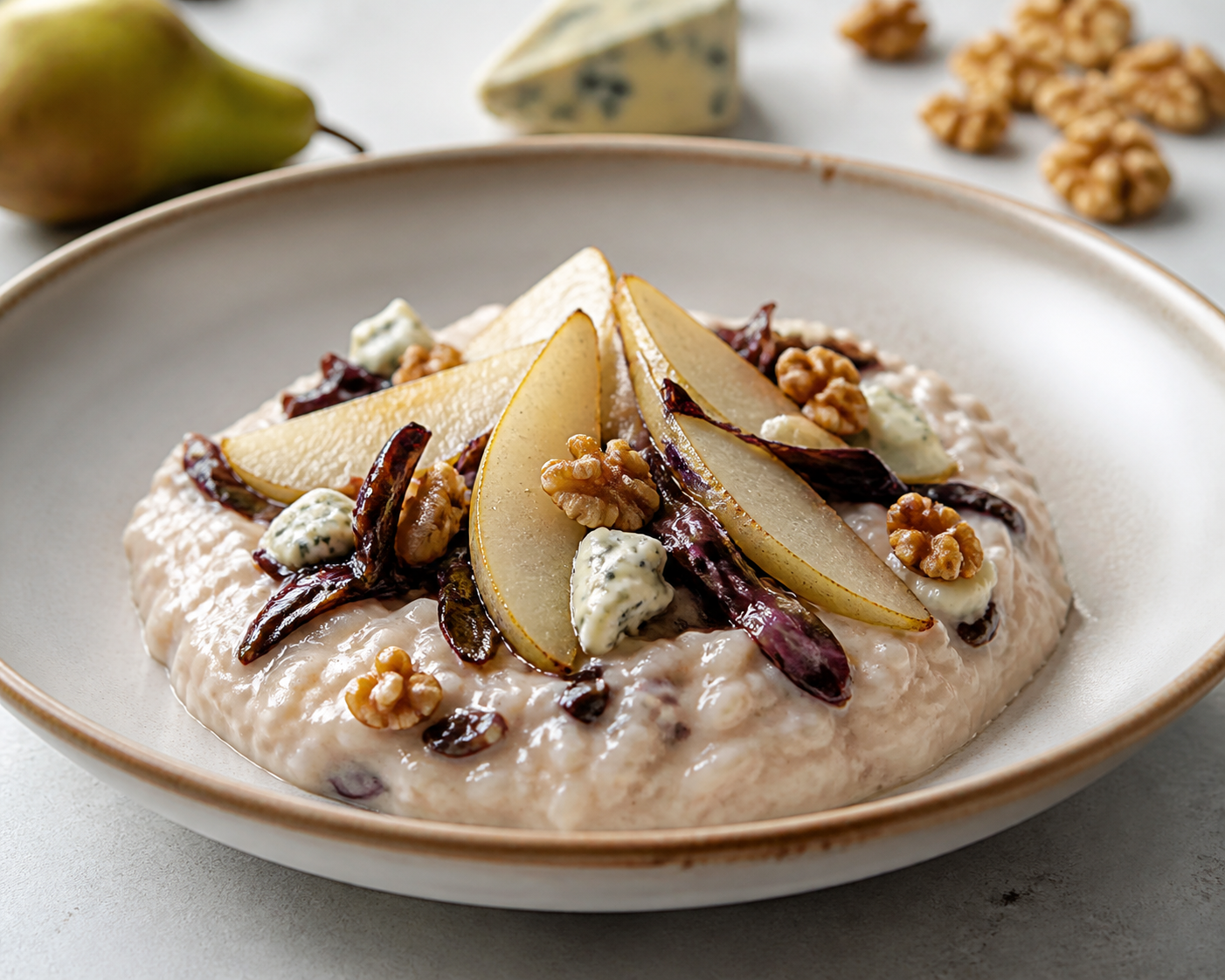 Creamy Rice with Caramelized Radicchio, Sautéed Pear and Light Gorgonzola Walnut Cream