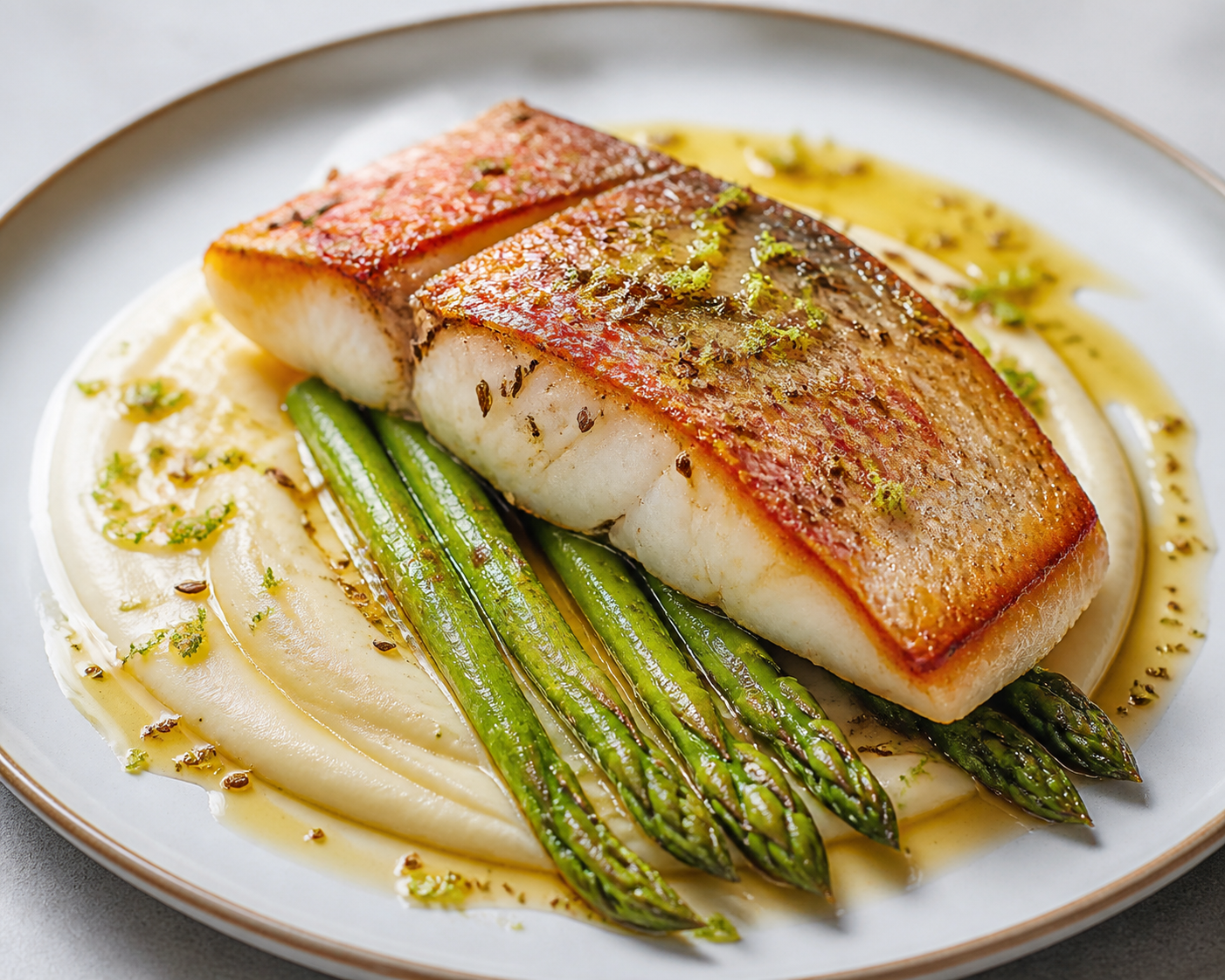 Seared Red Snapper with Lemon-Caraway Butter, Roasted Garlic Cauliflower Cream and Sautéed Asparagus