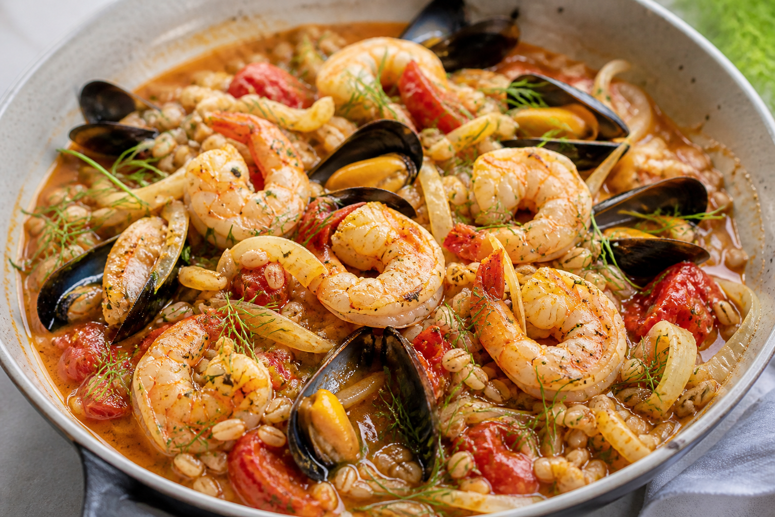 Shrimp and Mussel Skillet with Roasted Tomato Paprika Broth, Tender Fennel and Creamy Farro