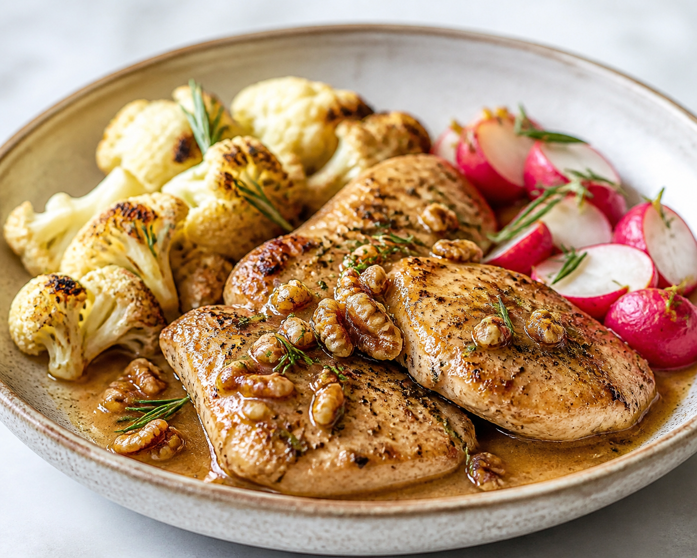 Keto Chicken Breast in Brown Butter Walnut Rosemary Sauce with Radishes and Roasted Cauliflower