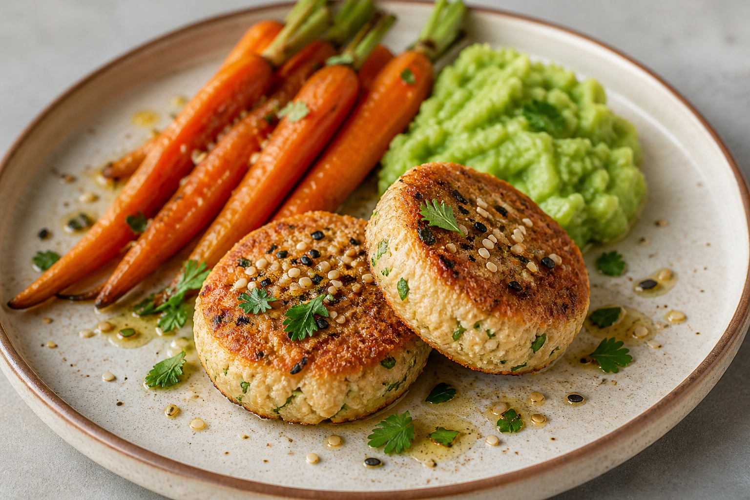 Baked Turkey and Quark Cakes with Sesame Crust, Rustic Edamame Mash, and Cumin-Roasted Carrots
