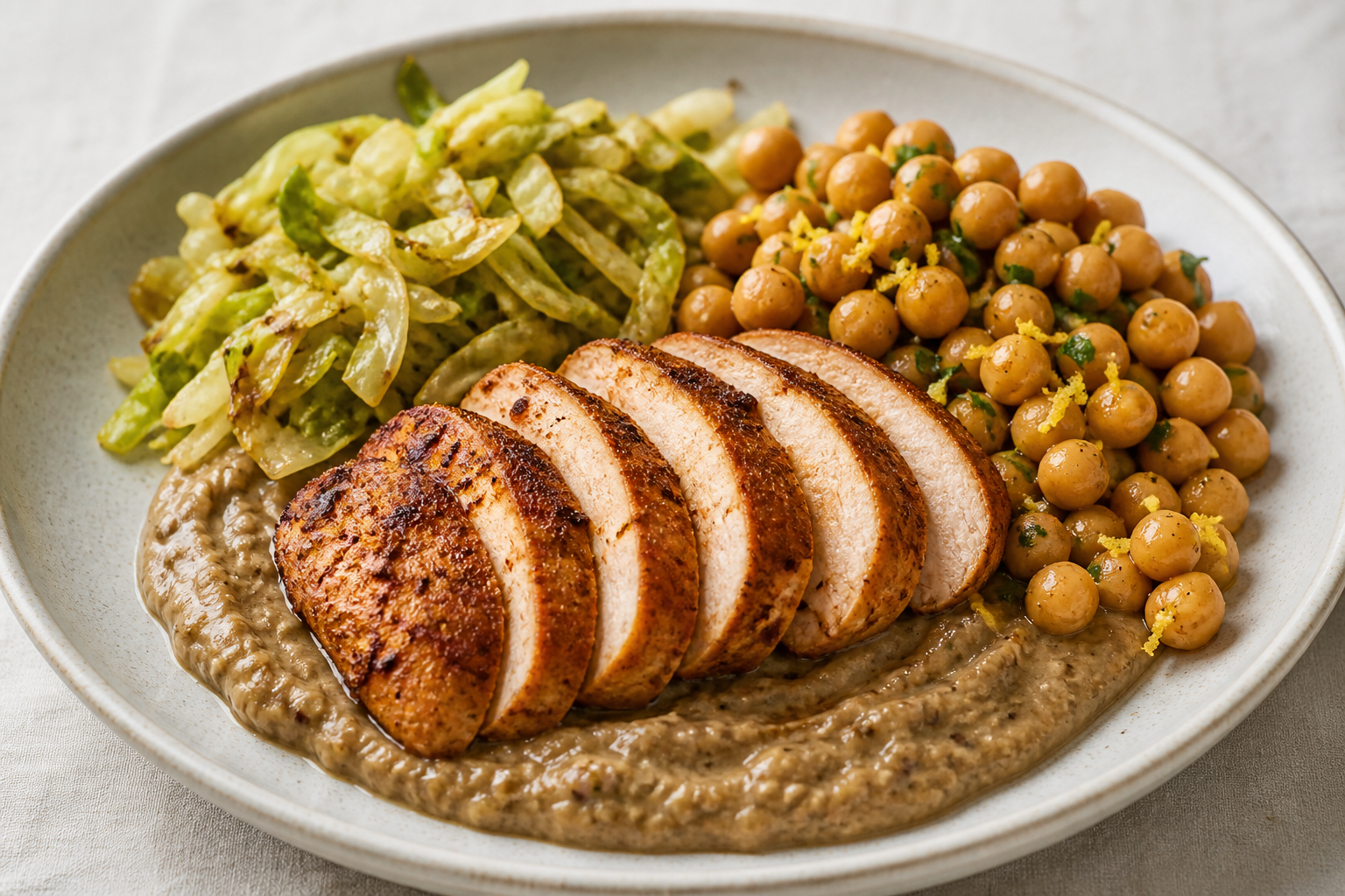 Pavo especiado con crema de berenjena ahumada, coles salteadas y garbanzos al limón