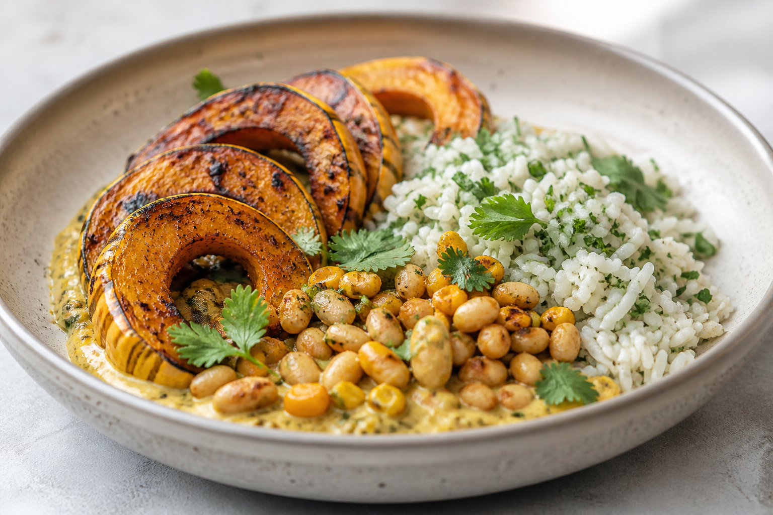 Calabaza delicata asada con arroz de lima y cilantro, alubias blancas crujientes y crema tibia de maíz ahumado