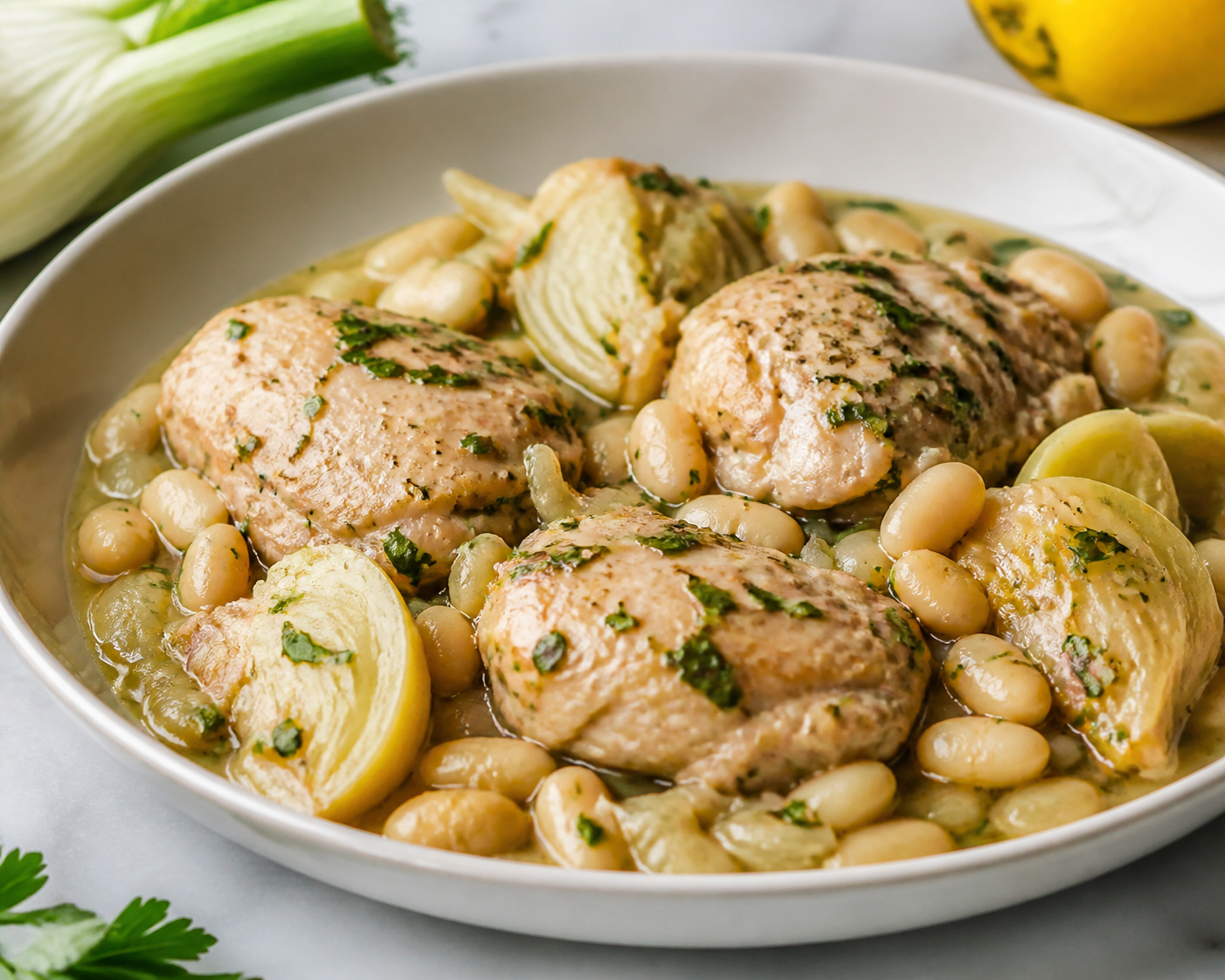 Pollo en slow cooker con hinojo, alubias blancas y salsa suave de limón confitado, ajo y perejil