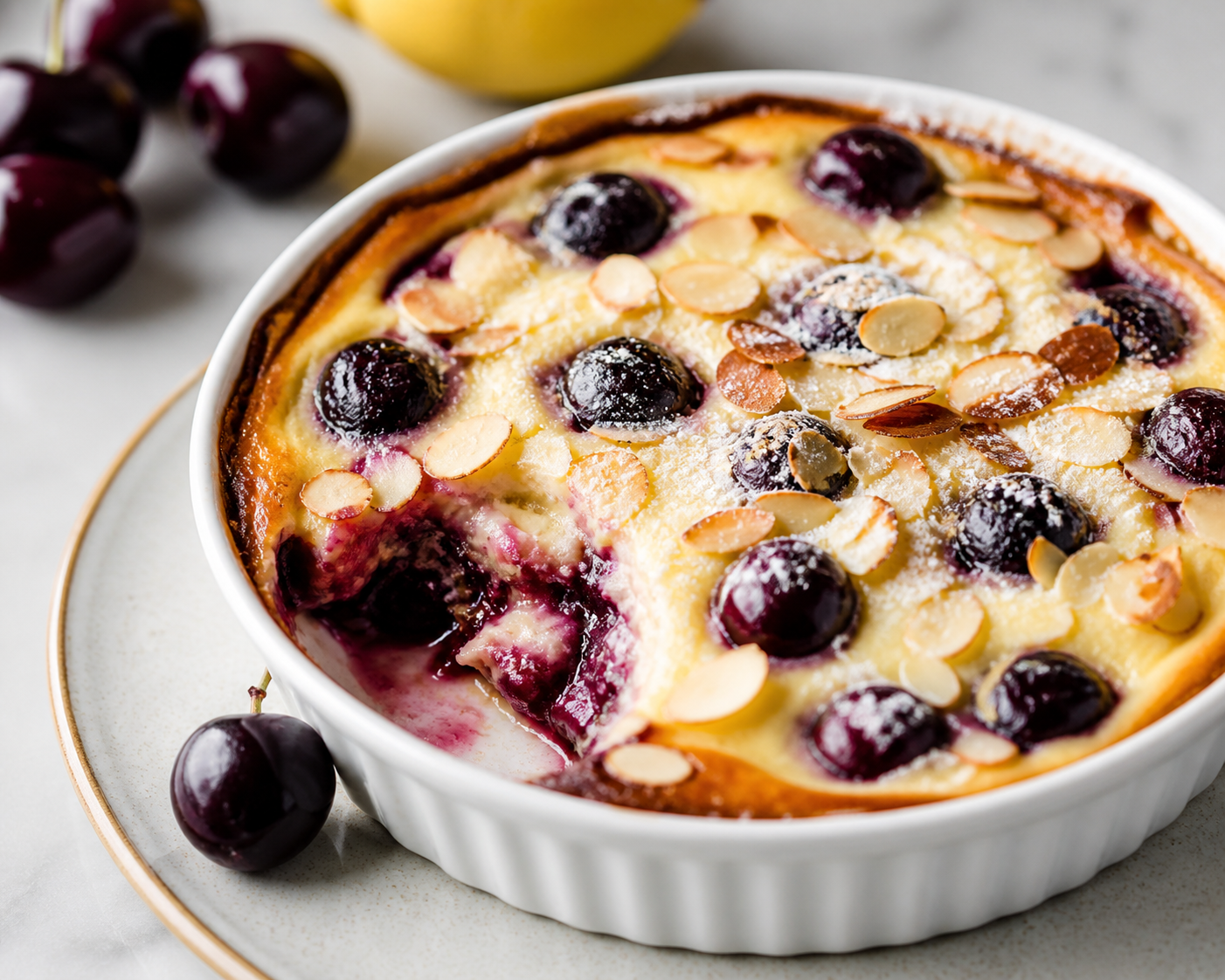 Warm Black Cherry and Lemon Almond Cream Gratin