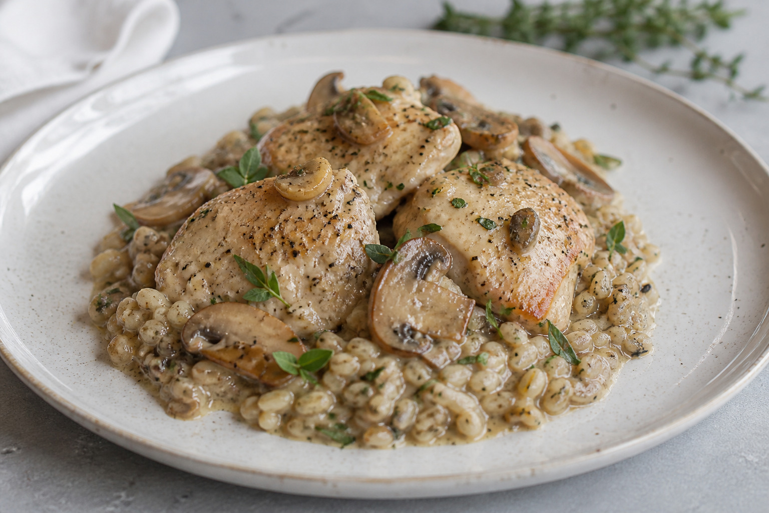 Instant Pot de pollo con champiñones, cebada tierna y salsa cremosa de Dijon y estragón