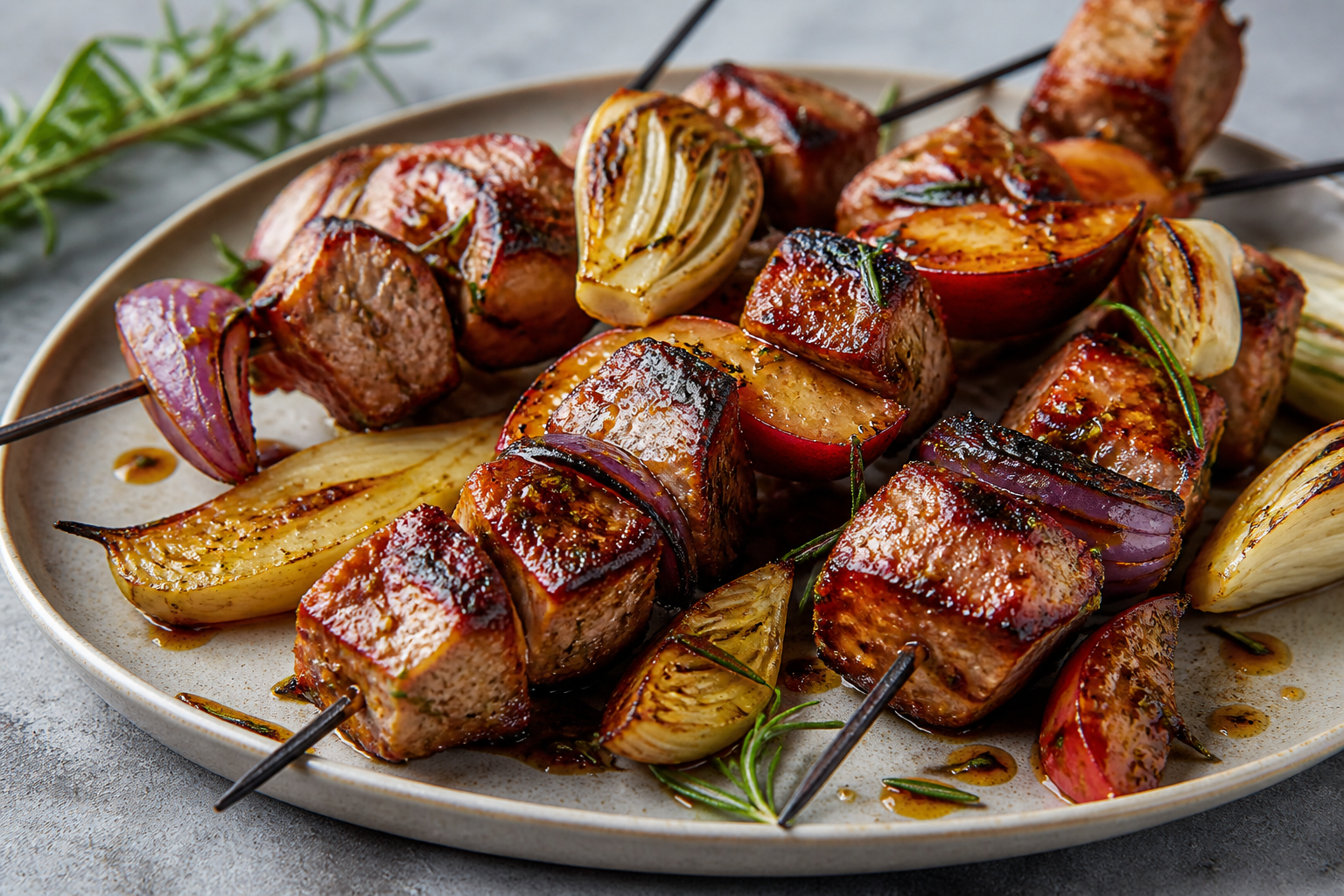 Grilled Pork Skewers with Plums, Fennel, and Rosemary Orange Molasses Marinade