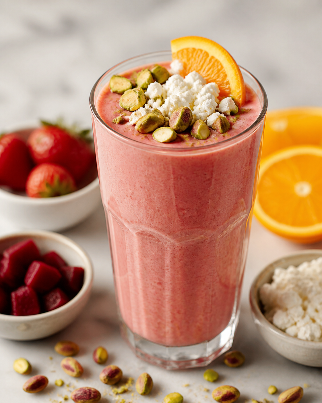 Coral Strawberry, Beet and Ricotta Smoothie with Orange and Pistachio