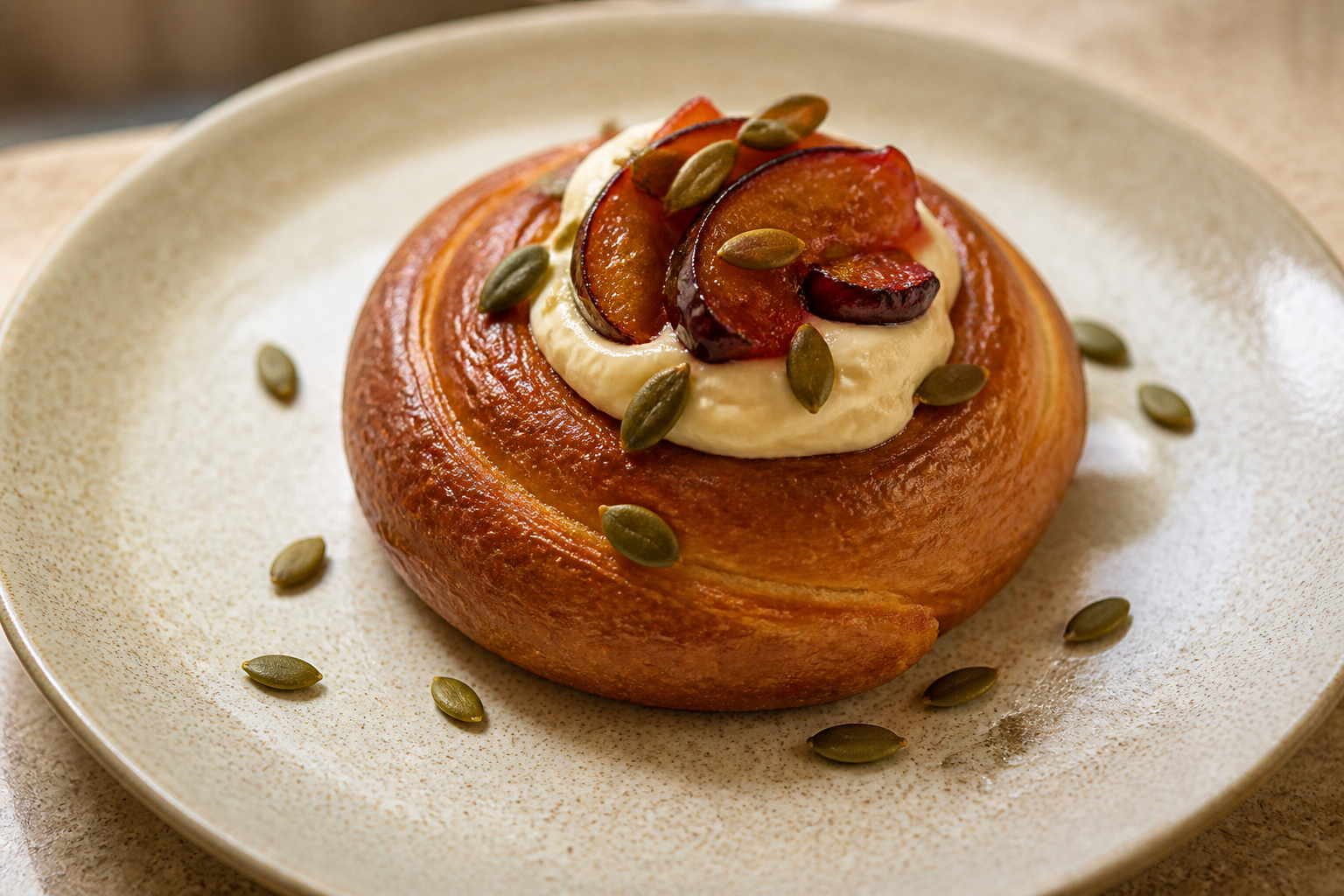 Bakery Spiral with Barley Butter, Roasted Plum and Pumpkin Seed