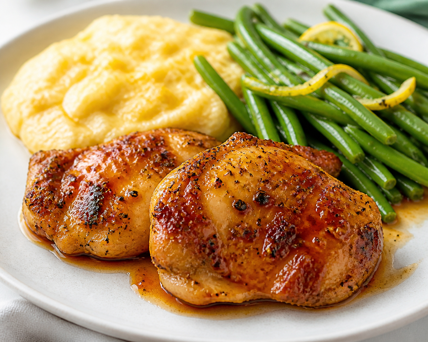 Pollo glaseado con mantequilla de miel picante y pan de cuchara cremoso con maíz, con ejotes salteados al limón