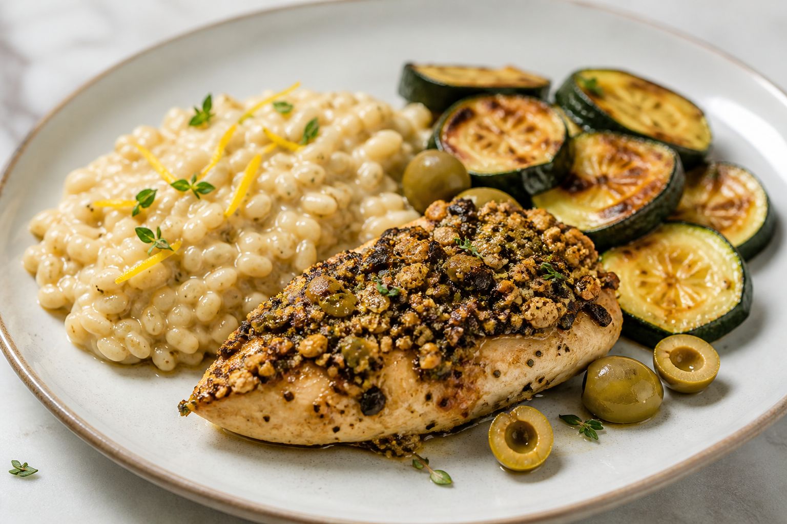 Pollo Mediterráneo en Costra de Oliva y Almendra con Cebada Cremosa de Limón y Calabacines Asados