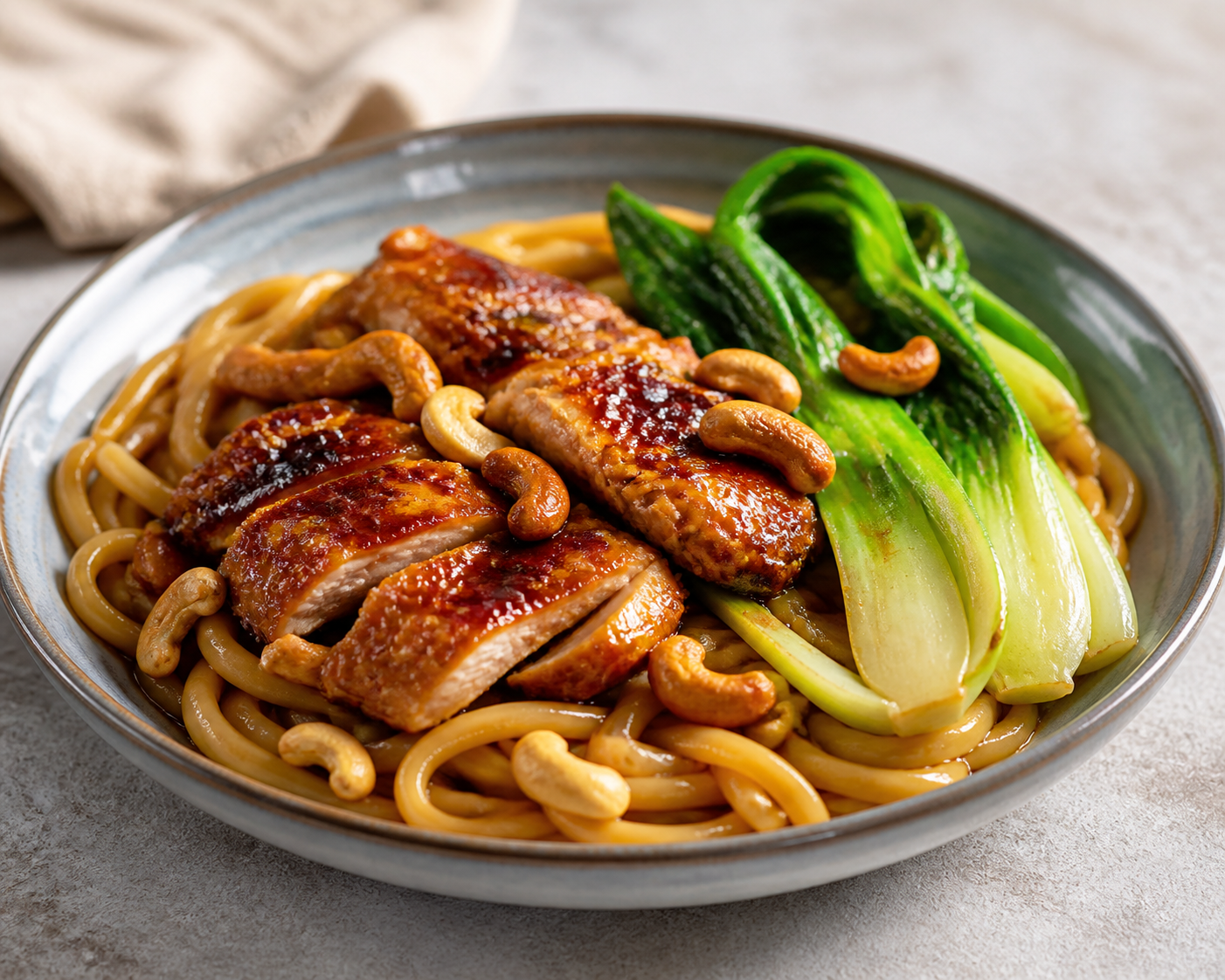 Fideos udon con pollo laqueado de albaricoque y cinco especias, pak choi braseado y anacardos al sésamo