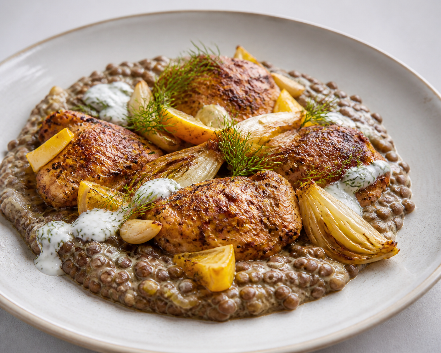 Confit Lemon Chicken Thighs with Creamy Lentils, Roasted Fennel and Light Dill Yogurt Sauce