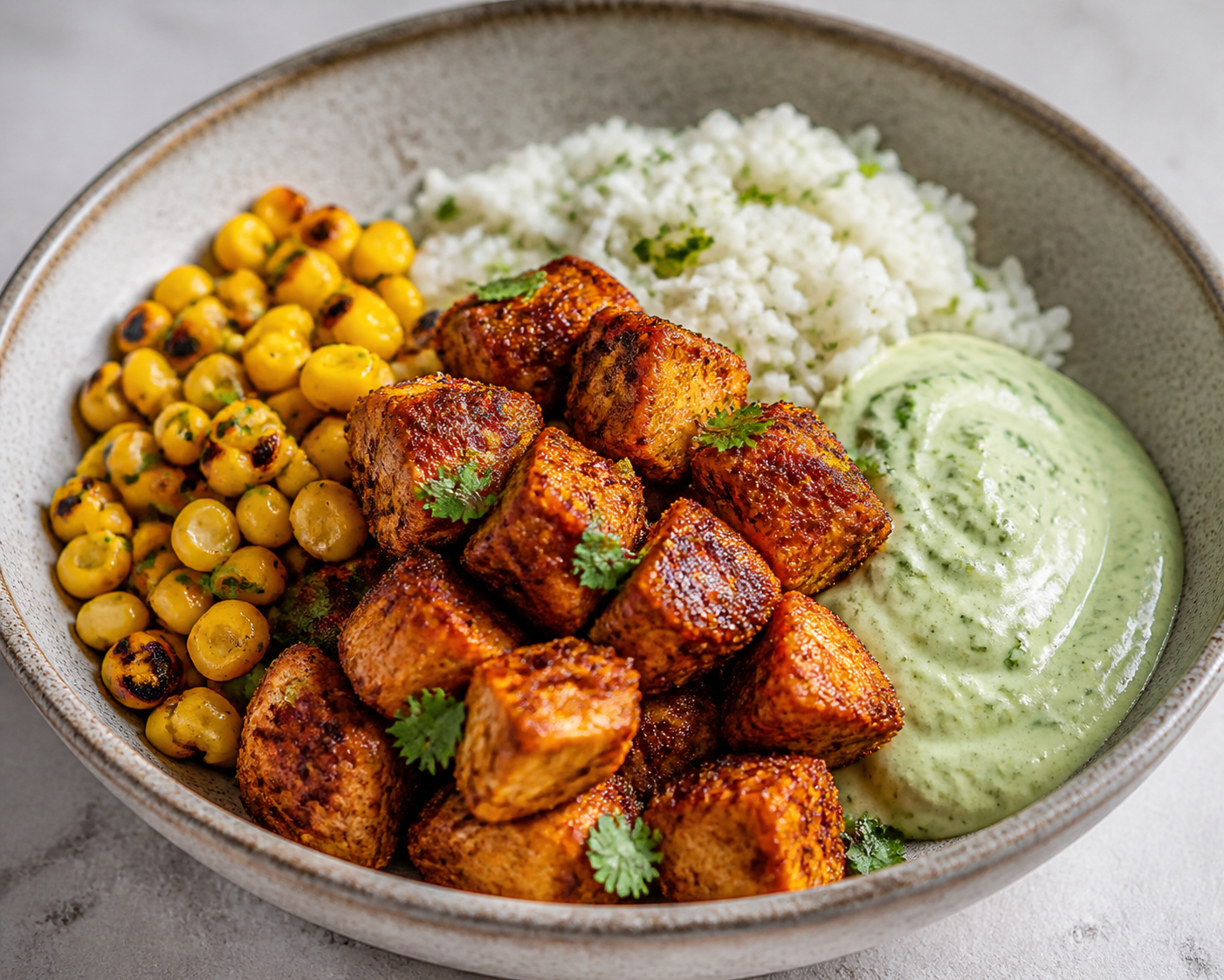 Warm Achiote Chicken Bowl with Lime Rice, Charred Corn and Cucumber Cream