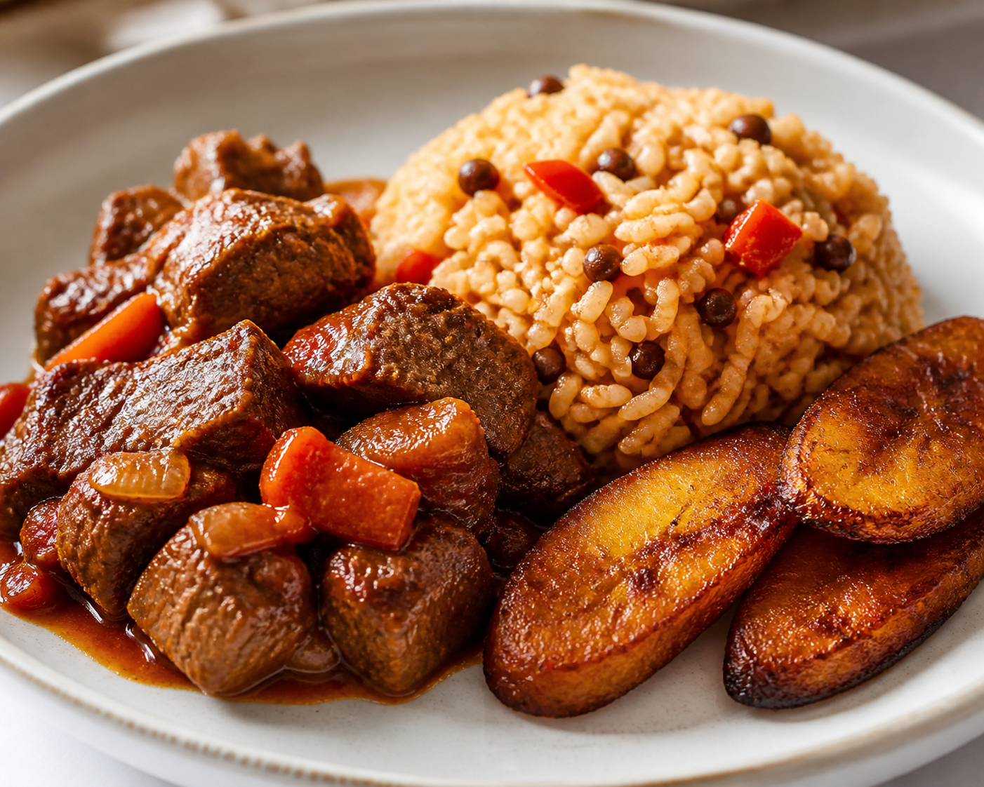 Cumin Beef Cazuela with Roasted Pepper Pigeon Pea Rice and Crispy Sweet Plantain