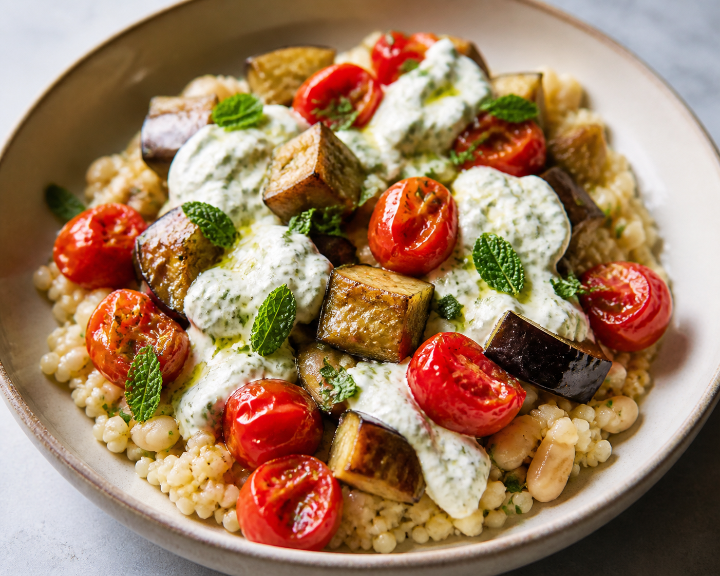 Warm Creamy Millet Salad with Roasted Eggplant, Quick Blistered Tomatoes, White Beans, and Lemon Mint Ricotta Dressing