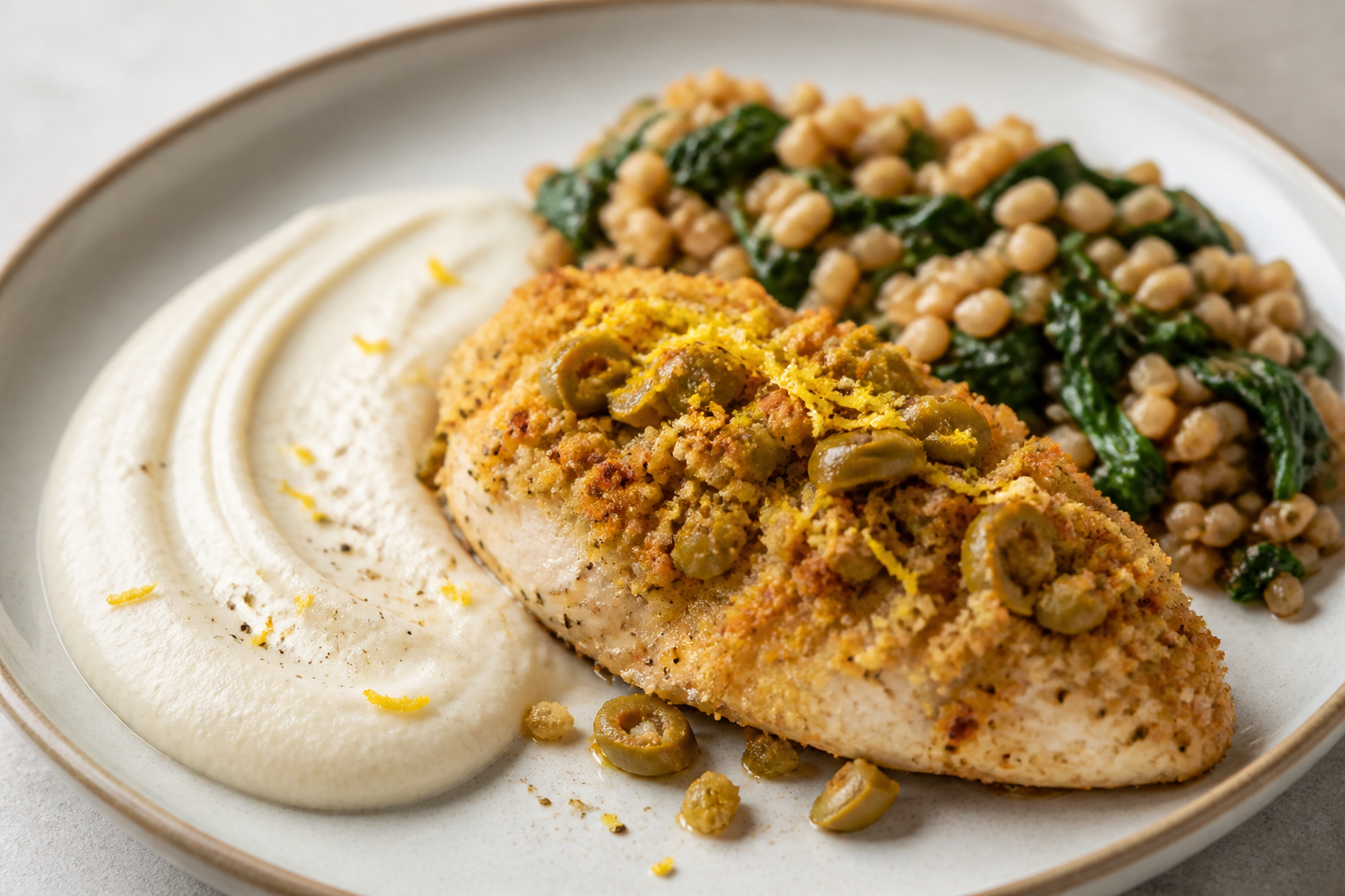 Baked Chicken with Green Olive and Lemon Crust, Roasted Cauliflower Cream, and Tender Wheat with Spinach