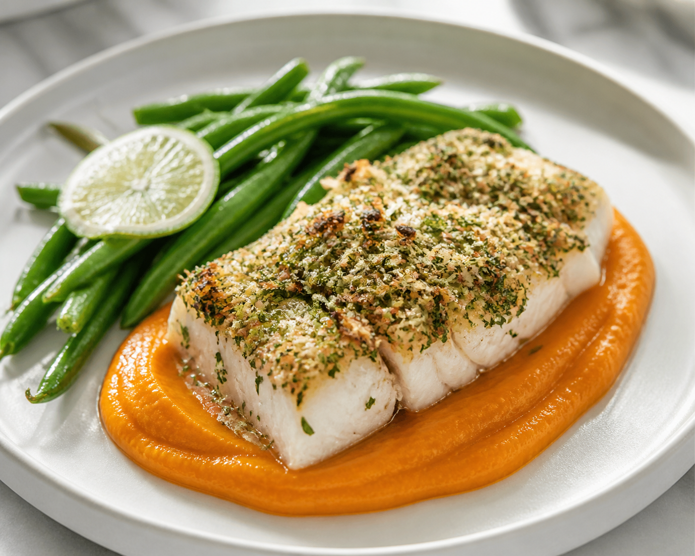 Pescado al horno con costra de coco y cilantro, puré sedoso de zanahoria y jengibre, y ejotes salteados con lima