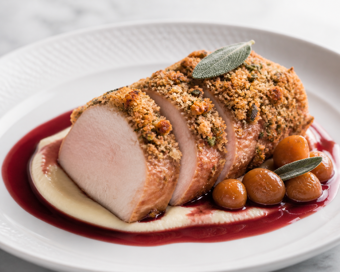Lomo de Cerdo con Costra de Castaña y Salvia, Salsa de Uva Roja al Vinagre de Jerez y Puré de Chirivía