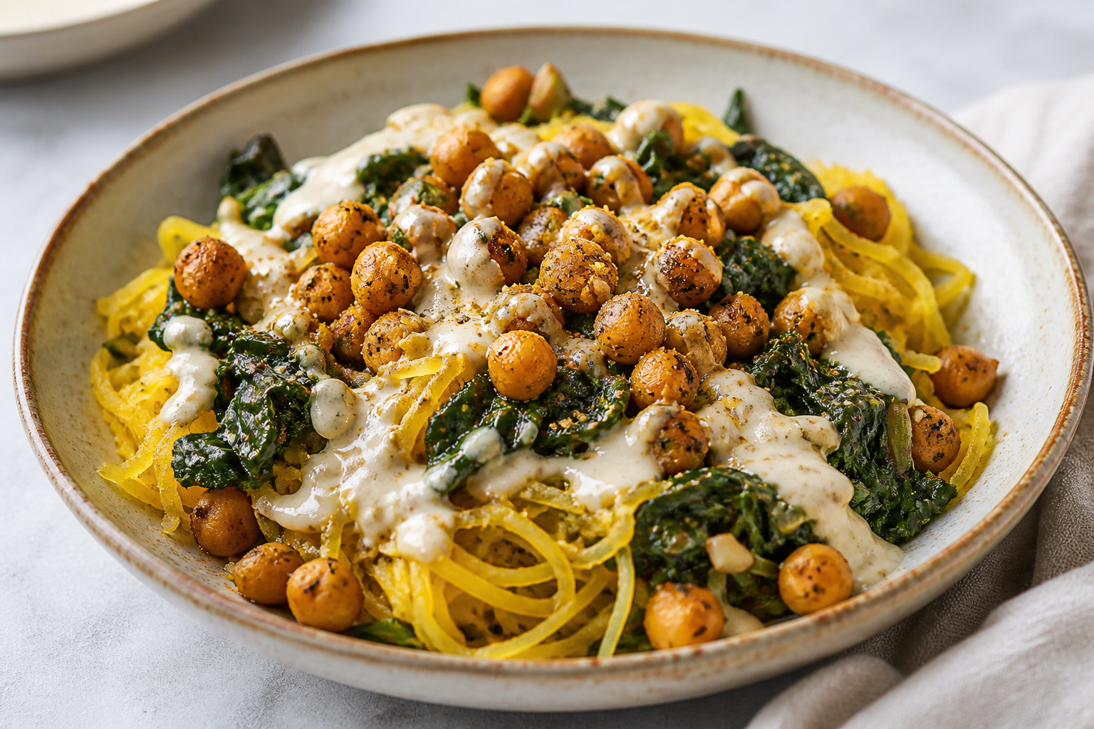 Calabaza espagueti asada con garbanzos al zaatar, acelgas al ajo y salsa cremosa de tahini y limón confitado