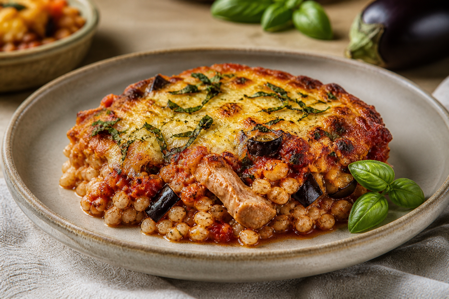 Pastel Familiar de Cebada al Horno con Pavo al Tomate, Berenjena Asada y Costra de Queso con Albahaca