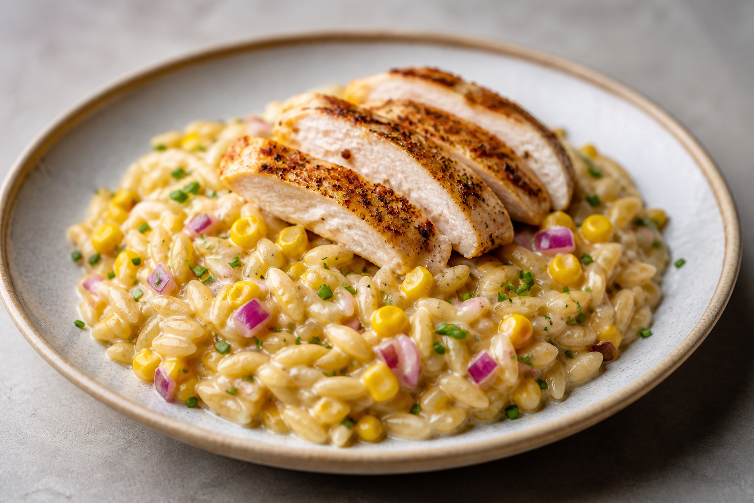 Creamy Sweet Corn Express Orzo with Mild Chipotle Chicken and Chives
