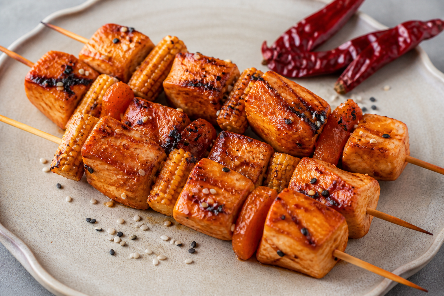 Grilled chicken skewers with apricot, baby corn, and sesame-lime guajillo marinade