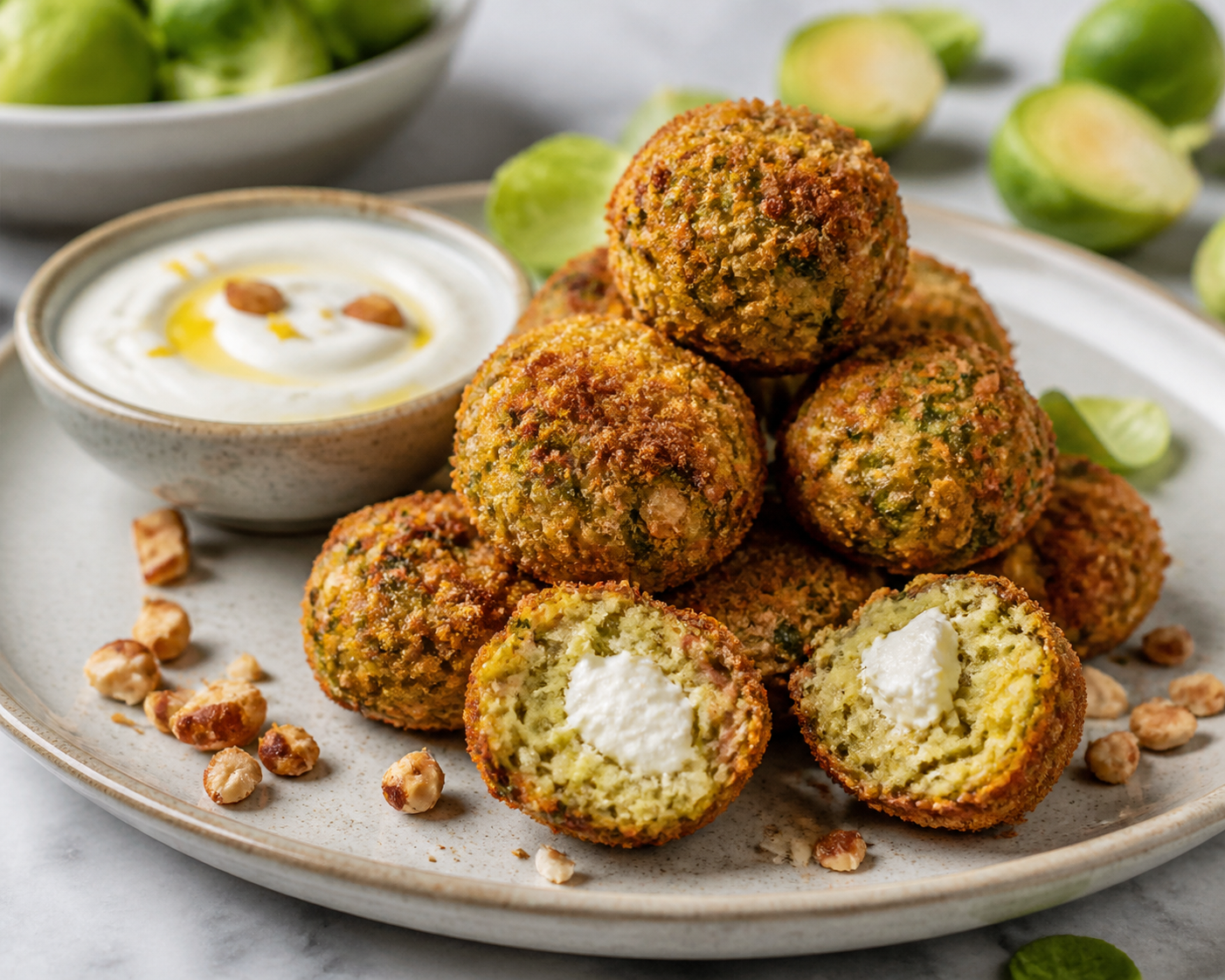 Bocados de coles de Bruselas y mijo en Air Fryer con corazón de feta, dip de yogur al limón y avellana crujiente